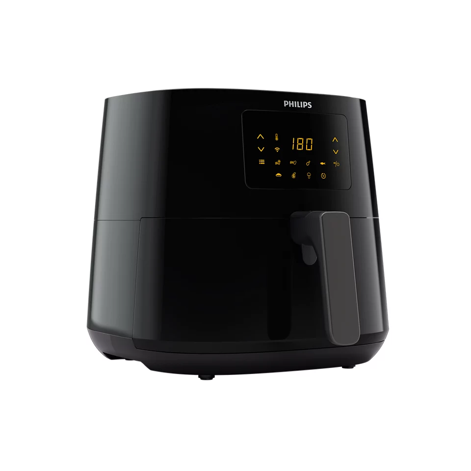 Black air fryer on a white background.