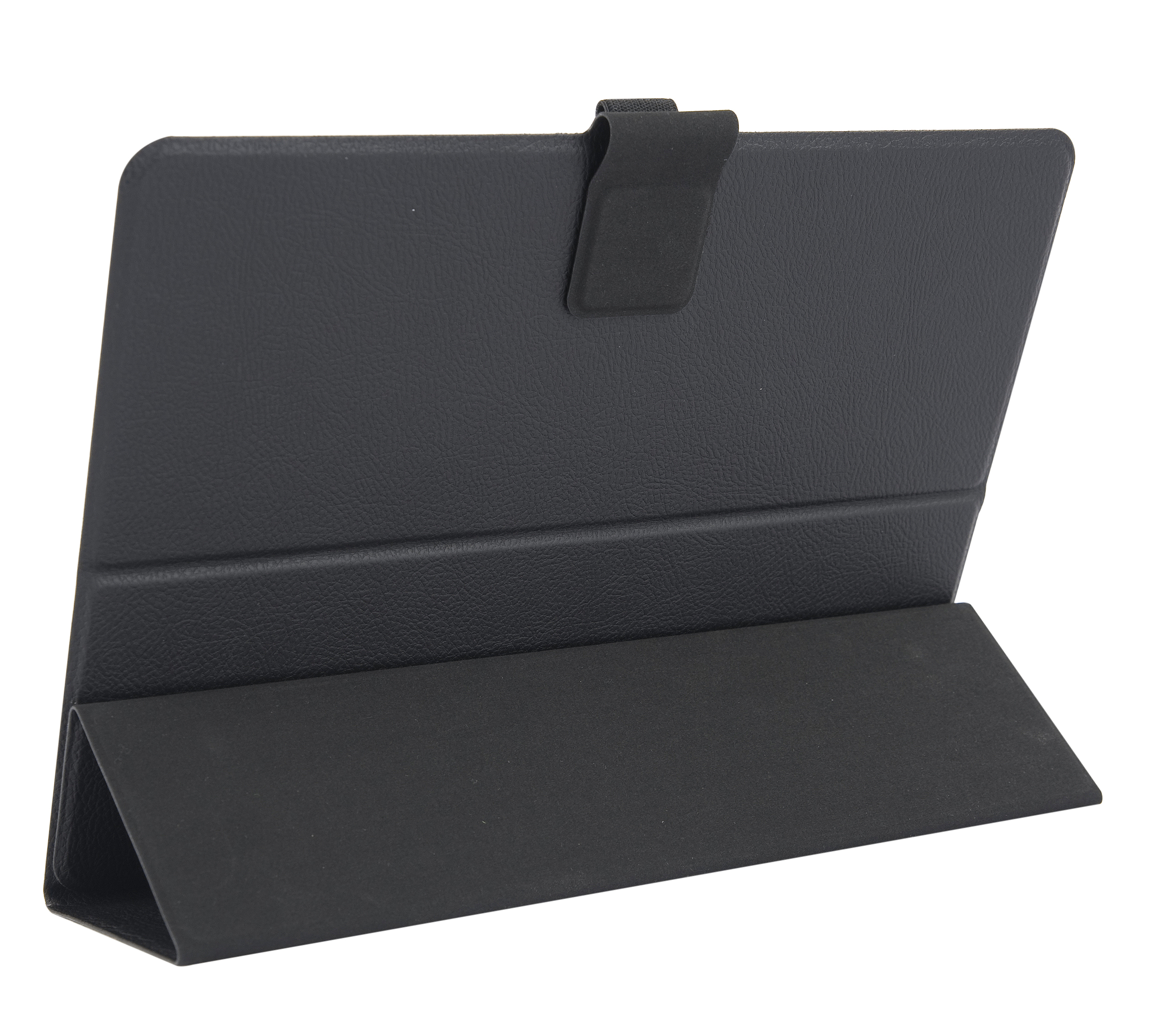 Schwarze Tablet-Hülle, geöffnet und abgewinkelt.