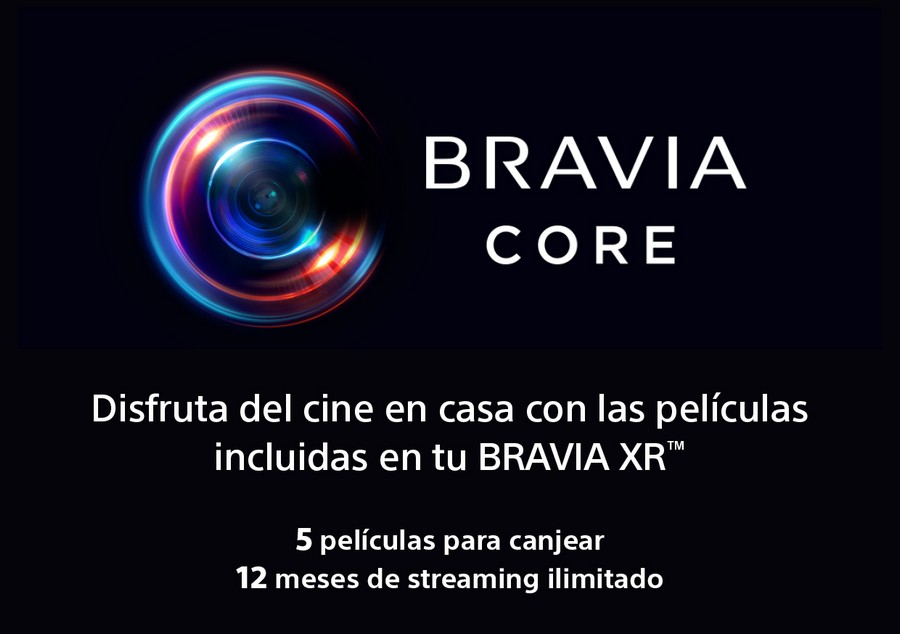 Fondo negro con un logotipo y texto brillantes. Anuncia transmisión de películas Bravia Core.