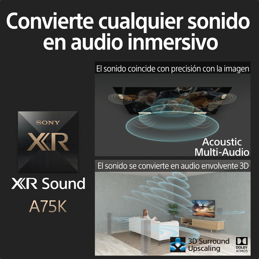 Diagrama que muestra un sistema de sonido con el texto 'XR Sound A75K' y '3D Surround Upscaling'.