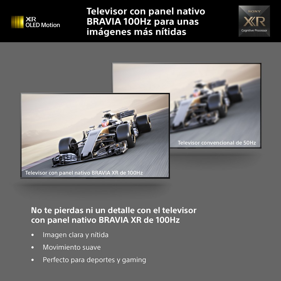TV mostrando un coche de carreras en una pista; texto sobre la pantalla.