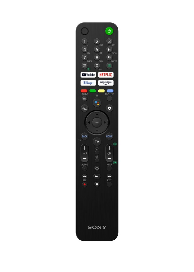 Mando a distancia Sony negro con muchos botones y accesos directos a aplicaciones.