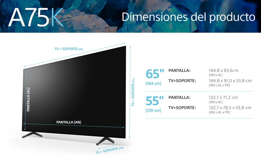 Una pantalla de TV grande con medidas de la pantalla y el soporte en un diagrama.