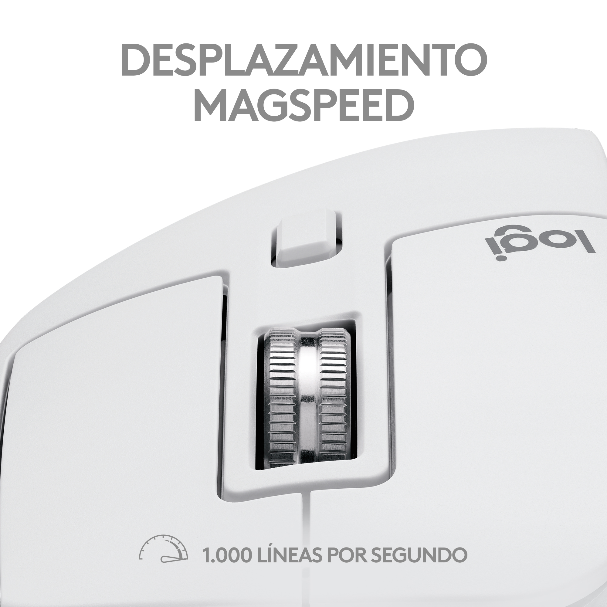 Ratón blanco con rueda de desplazamiento. Texto: DESPLAZAMIENTO MAGSPEED. 1.000 líneas por segundo.