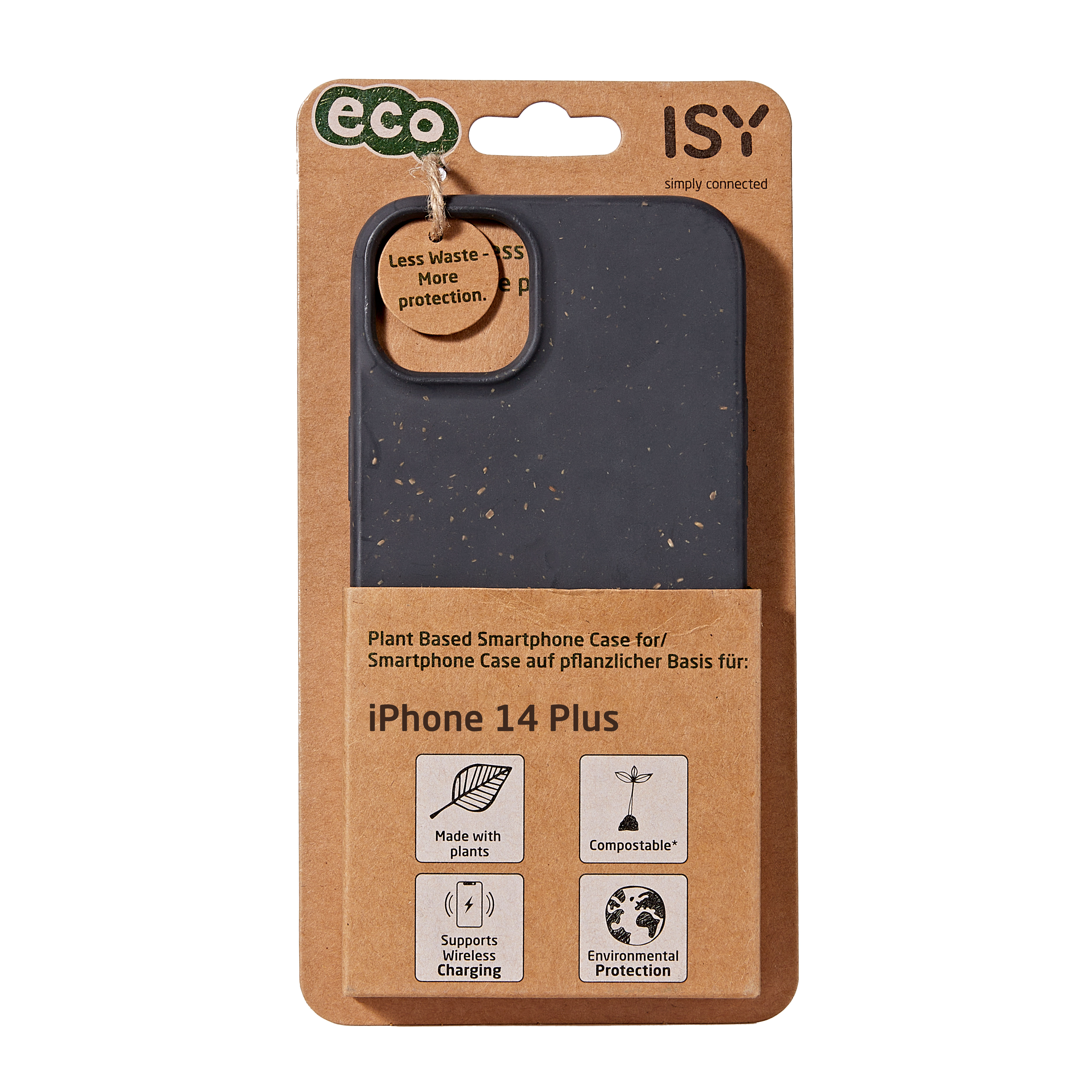 Eine Smartphone-Hülle in Kartonverpackung mit iPhone 14 Plus-Etikett und umweltfreundlichen Symbolen.
