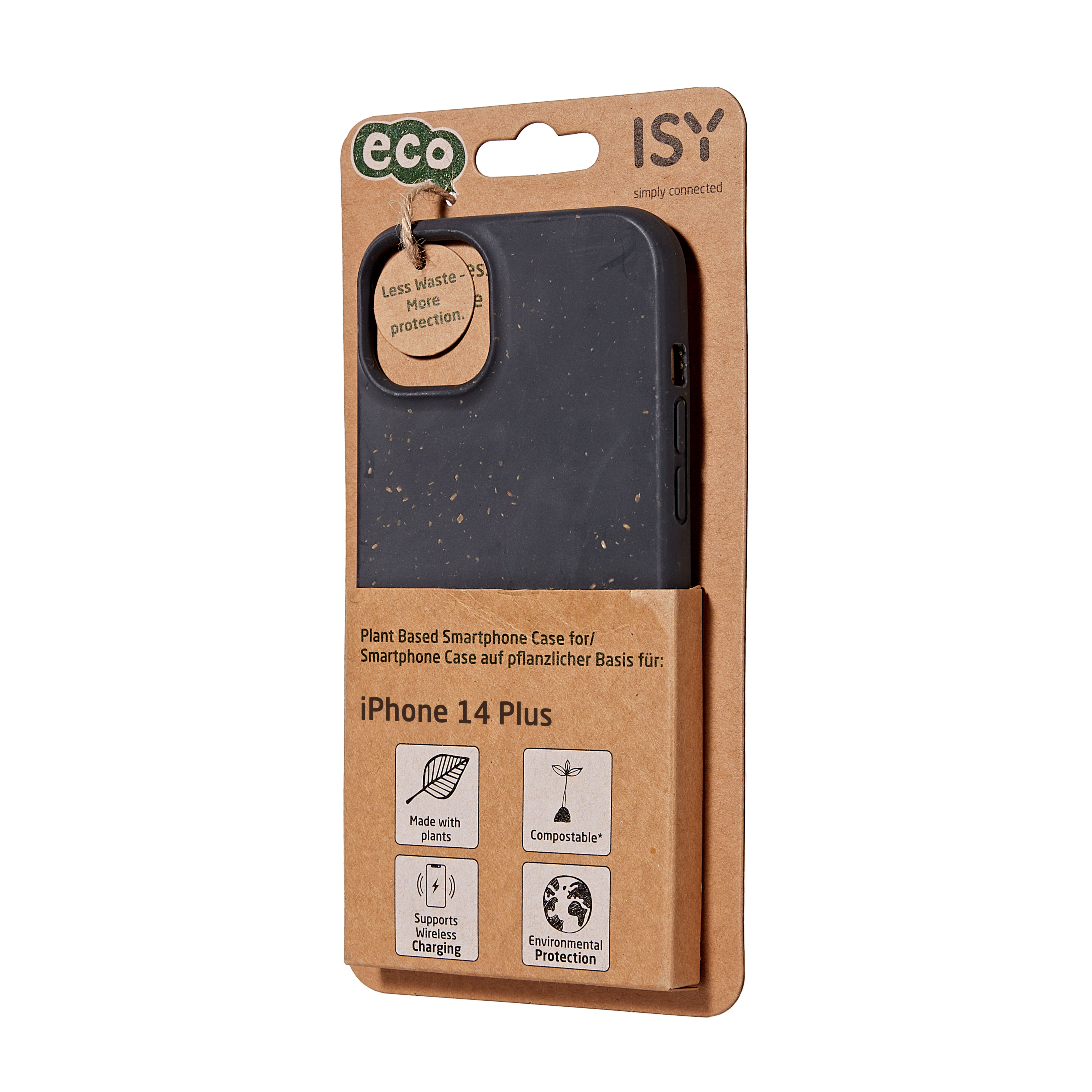 Smartphone-Hülle in Verpackung, mit Text und Grafiken. Brauner Hintergrund.