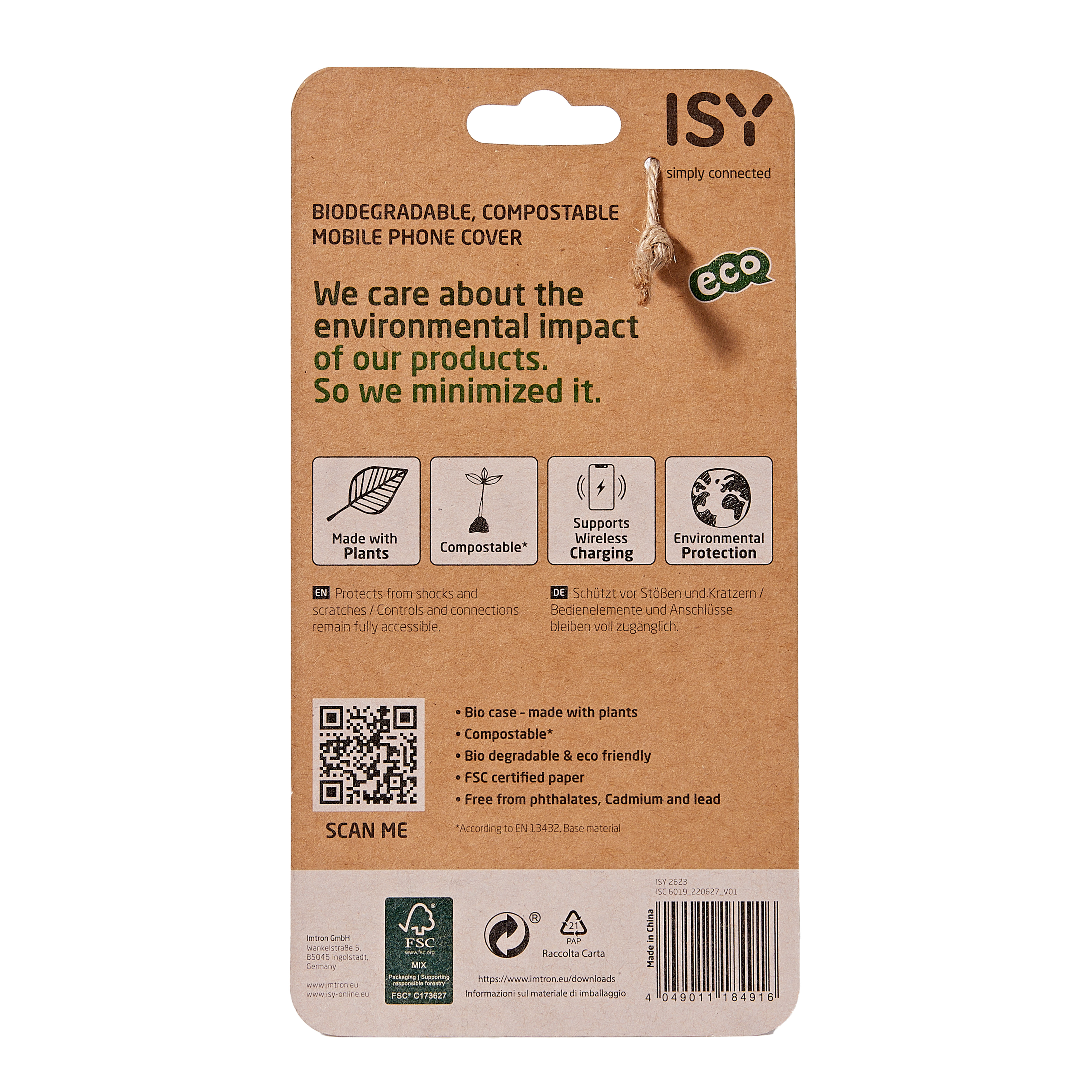 Verpackung für Handyhülle aus Pappe mit Symbolen für biologische Abbaubarkeit und kabelloses Laden.