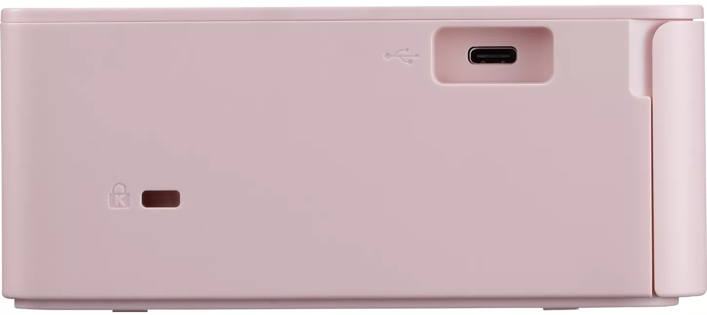 Dispositivo rosa con porta USB sul lato. Icona di blocco e logo del marchio.