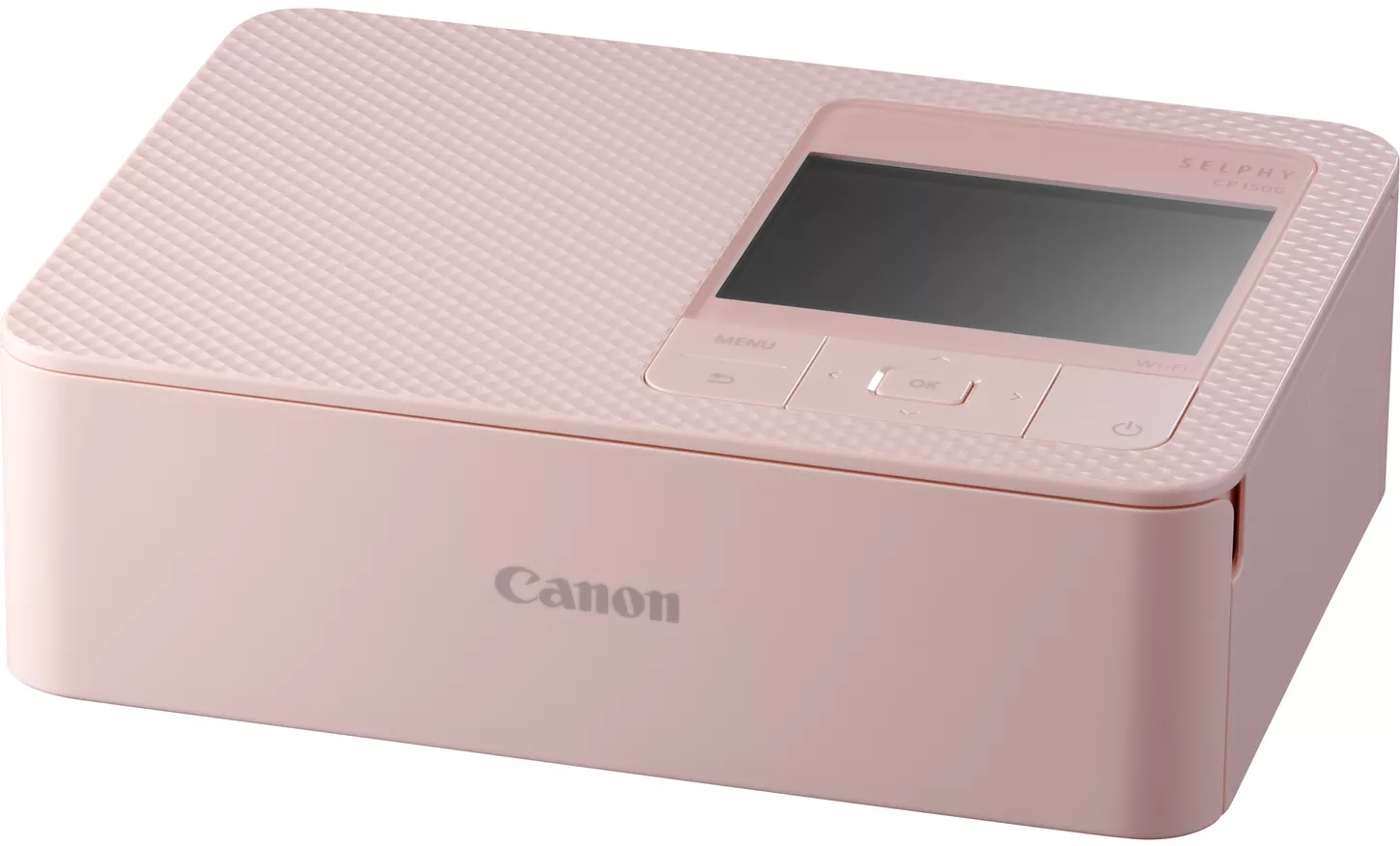 Una stampante Canon Selphy CP1300 rosa. Ha uno schermo, pulsanti del menu e un pulsante di accensione.