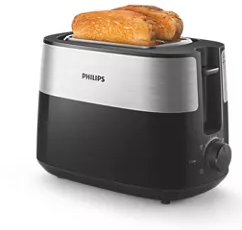 Black and silver Philips toaster with two slices of toasted bread. It has a dial for adjusting the toasting level.