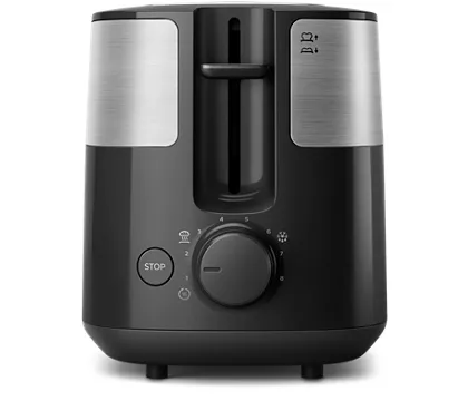 Black and silver toaster. A dial, a stop button, and two slots are visible.