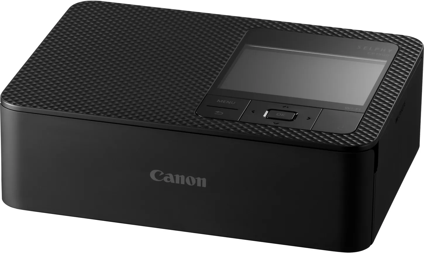 Stampante fotografica Canon Selphy nera. Ha uno schermo e pulsanti di controllo sulla parte superiore e il logo Canon sulla parte anteriore.