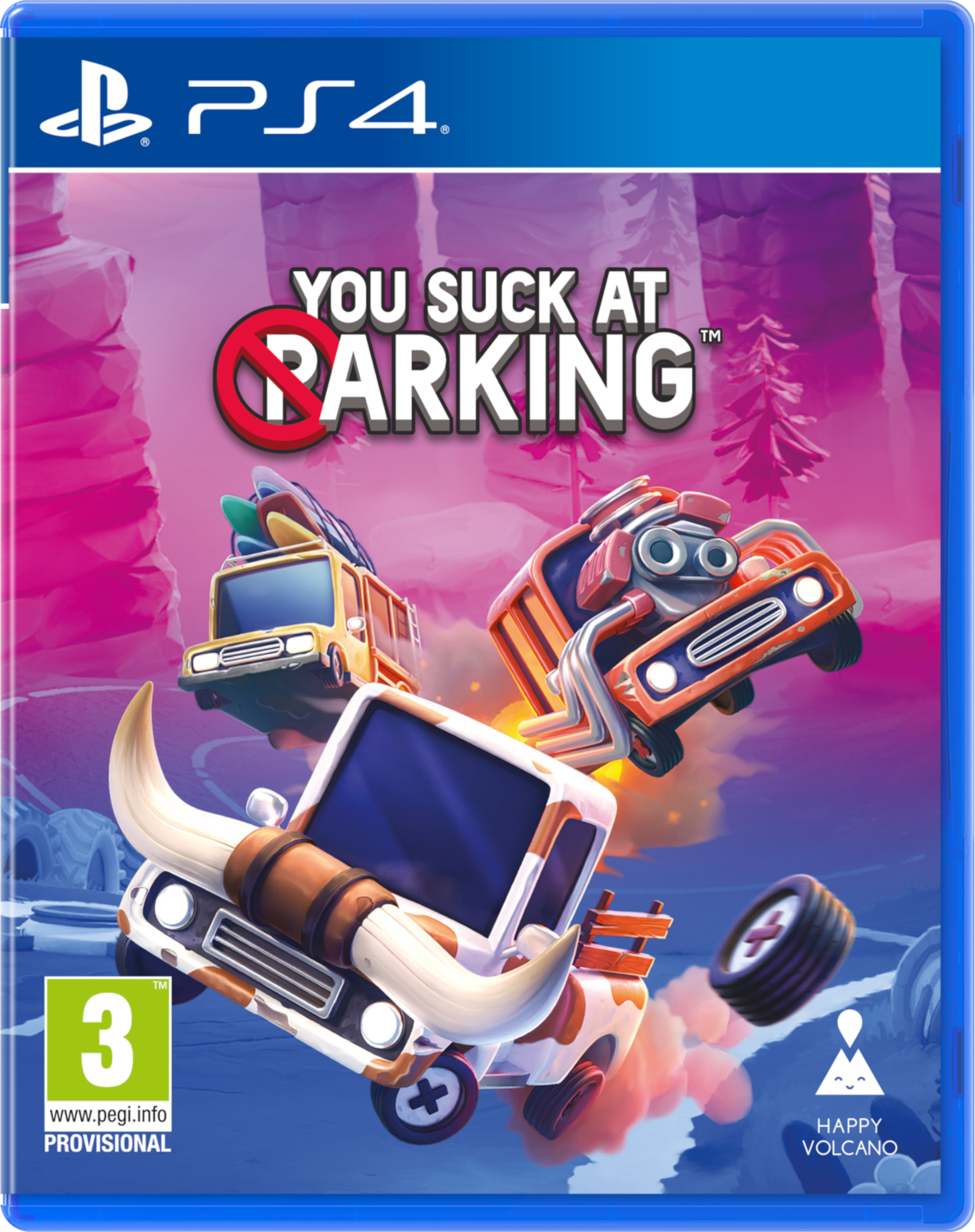 PS4 game box art. Cartoon auto's in een chaotische parkeerscène. Roze achtergrond.
