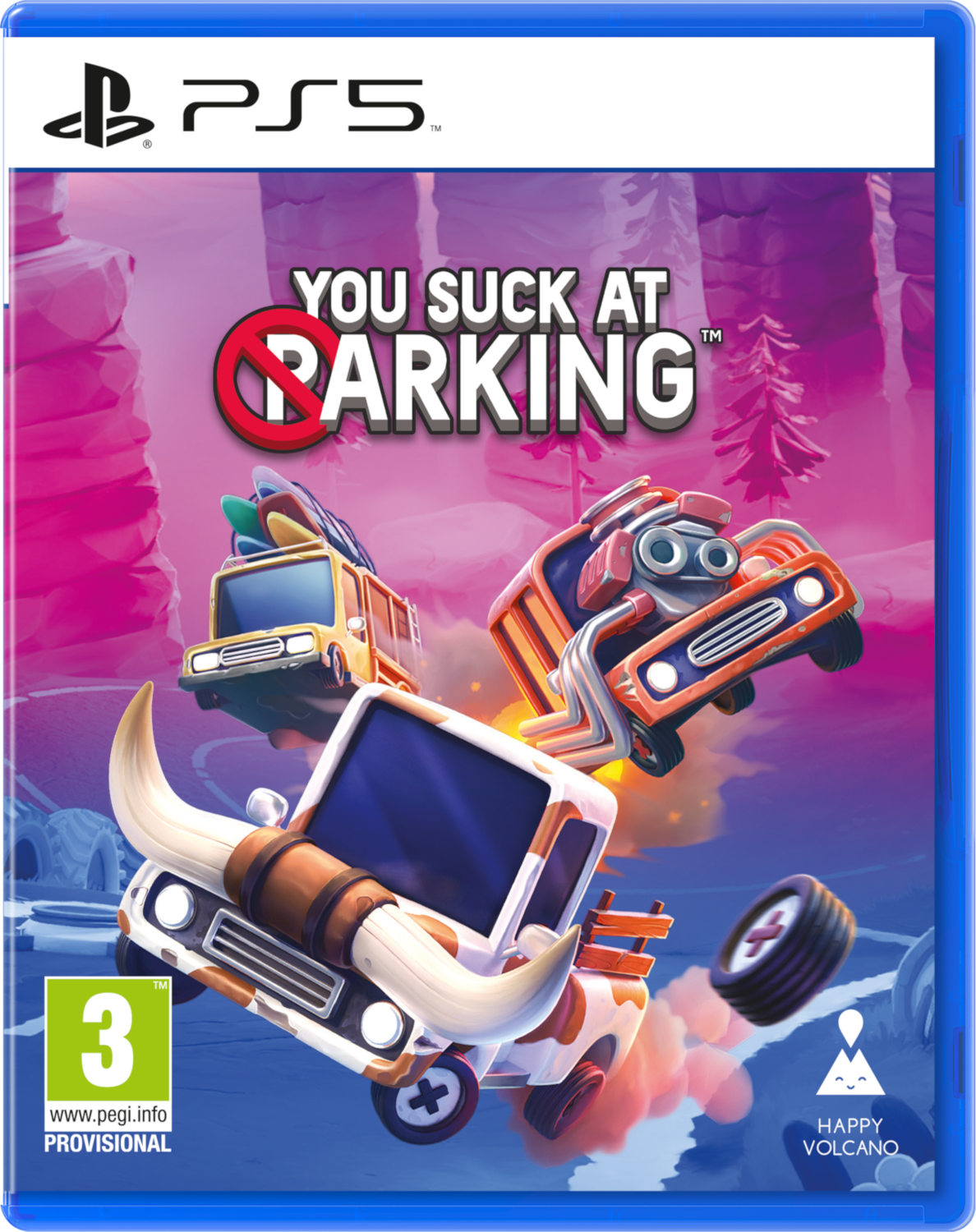 You Suck At Parking PS5 game cover art. Auto's, een stier en een kapot parkeerbord staan in de afbeelding.