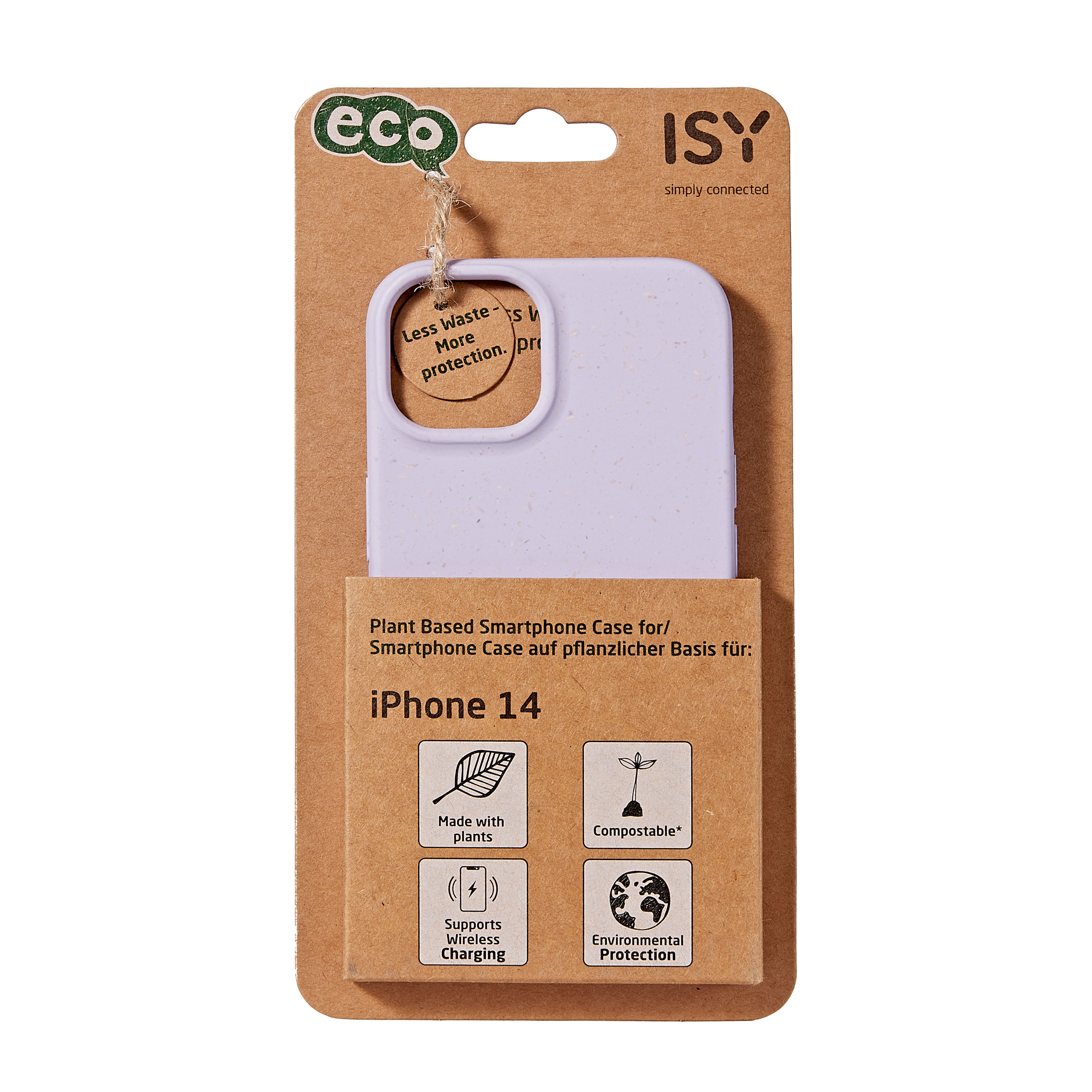 Lila iPhone 14 Hülle in Verpackung. Enthält Text und Symbole für umweltfreundliche Funktionen.