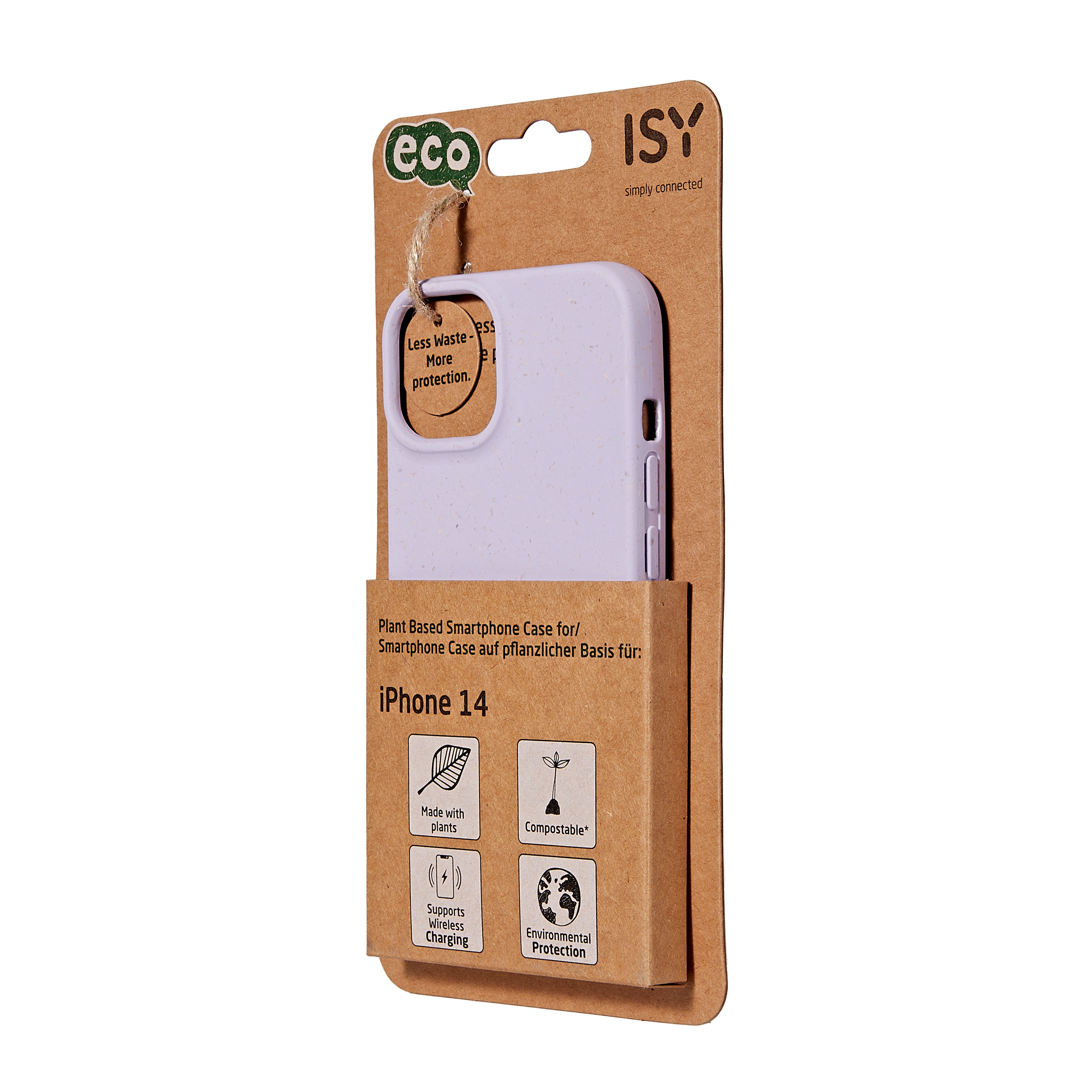 Telefonhüllenverpackung mit lavendelfarbener Hülle und Funktionssymbolen. Kartonrückwand.