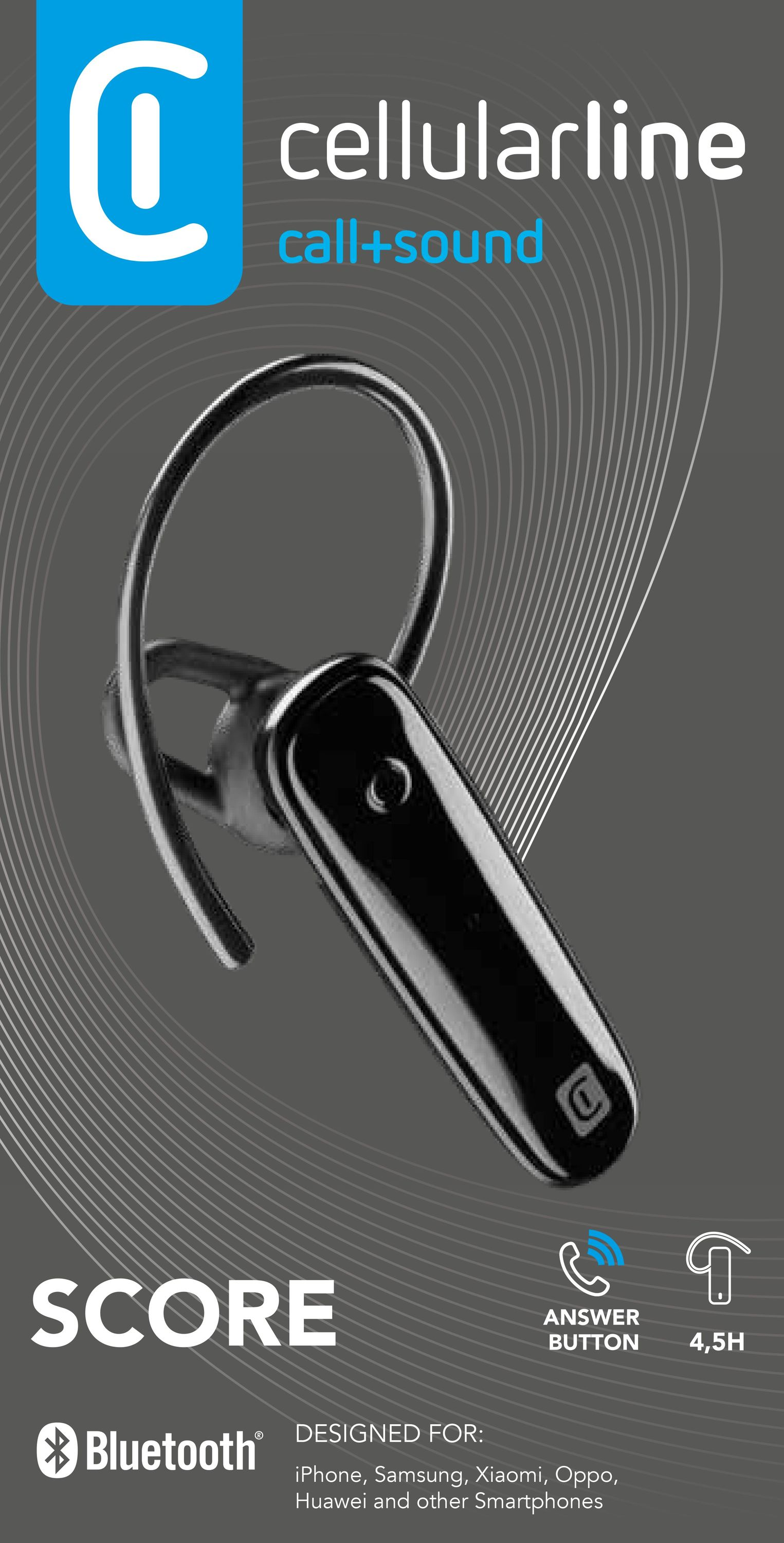 Un auricolare Bluetooth nero con il logo 'cellularline' e un design curvo.