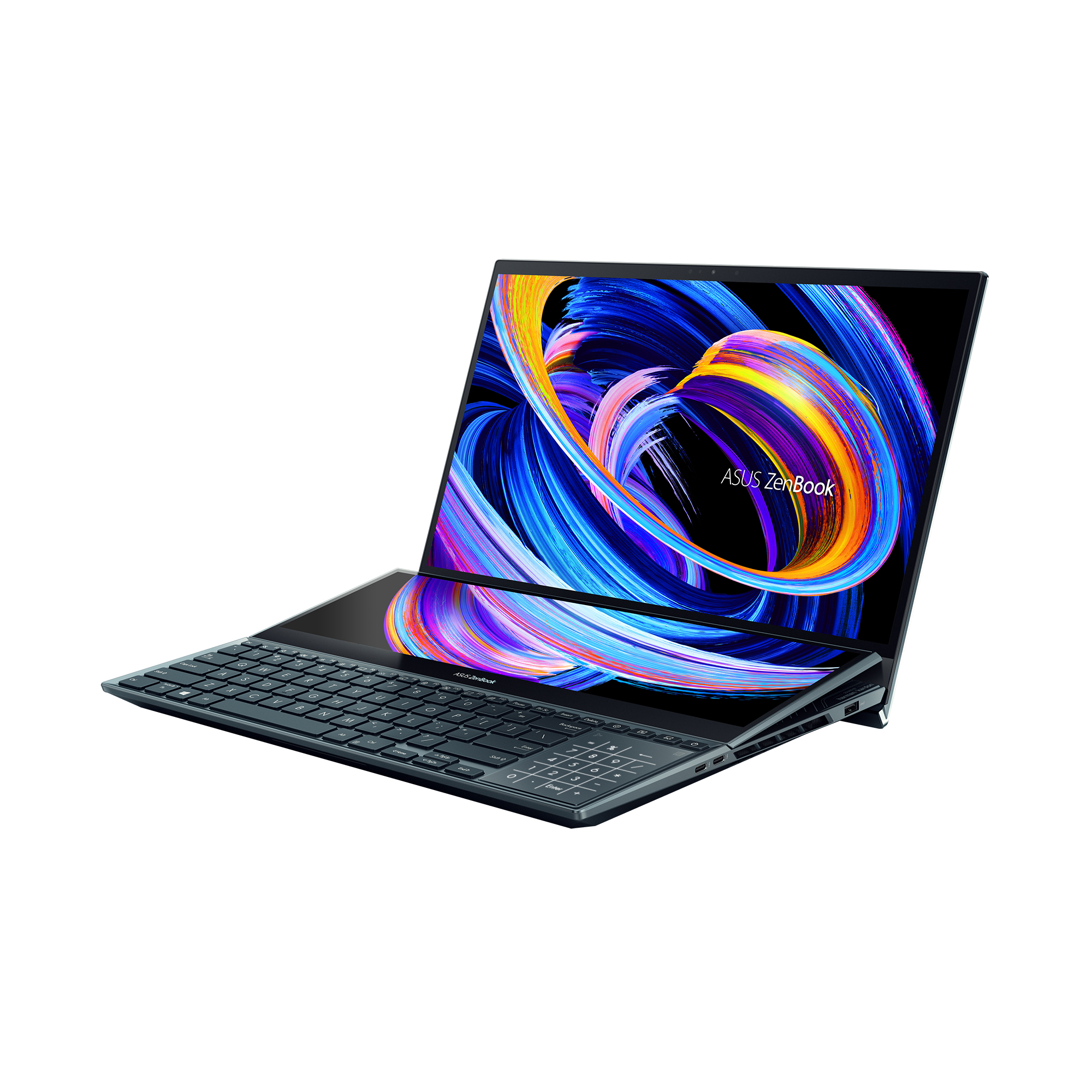 Un portátil ASUS Zenbook, con diseño de doble pantalla, abierto sobre un fondo blanco.