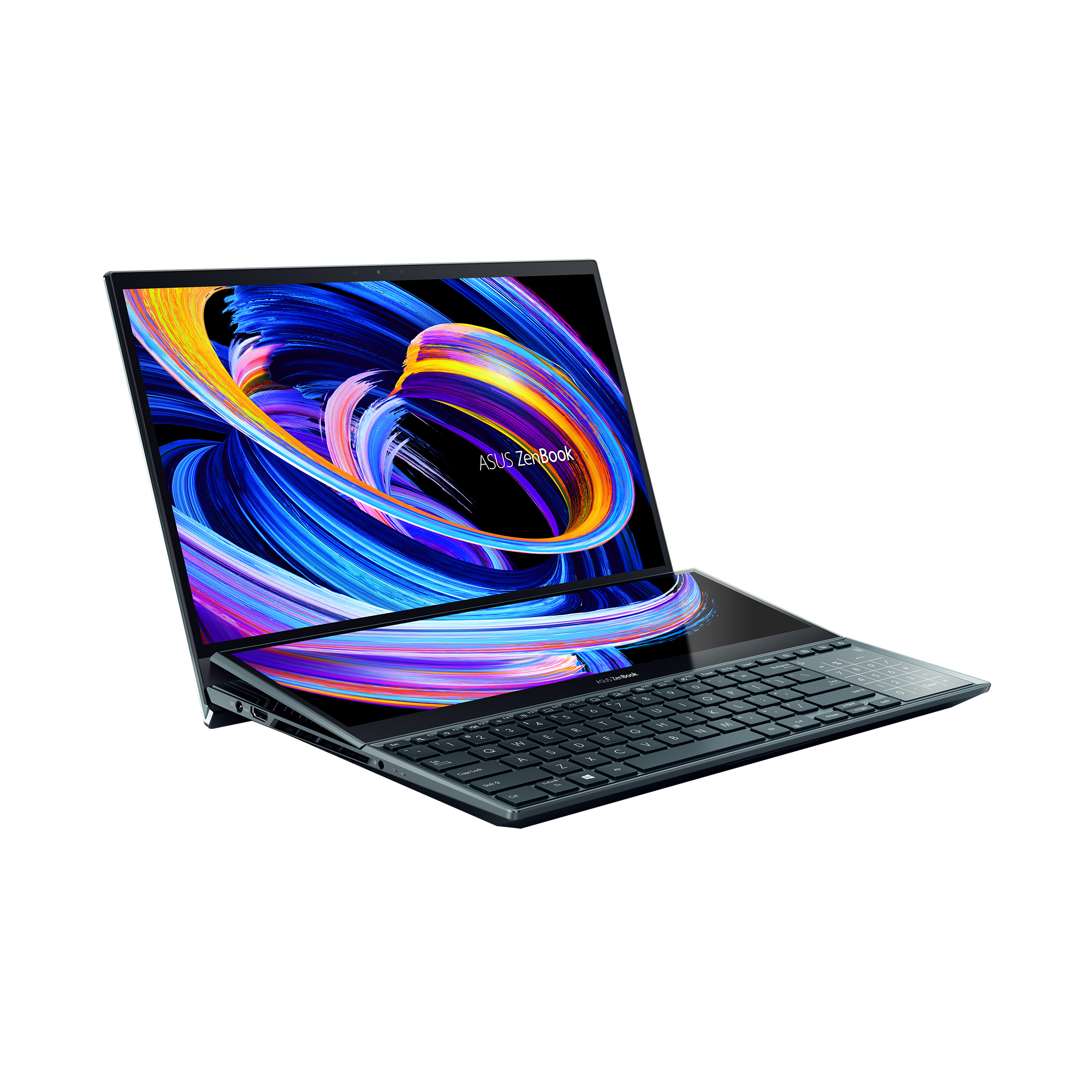 Portátil ASUS Zenbook abierto, inclinado sobre fondo blanco. Pantalla muestra diseño colorido. Teclado visible.
