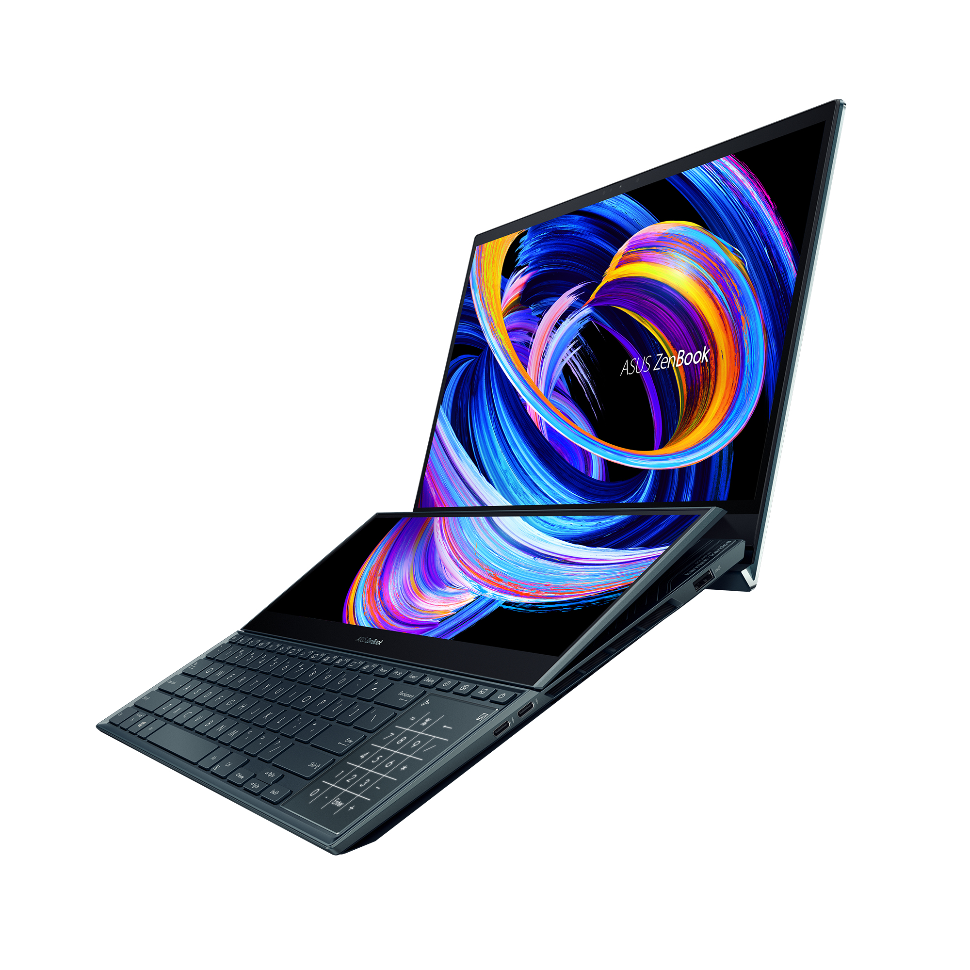 Una computadora portátil, ASUS Zenbook, está abierta. La pantalla está dividida, mostrando un diseño abstracto.