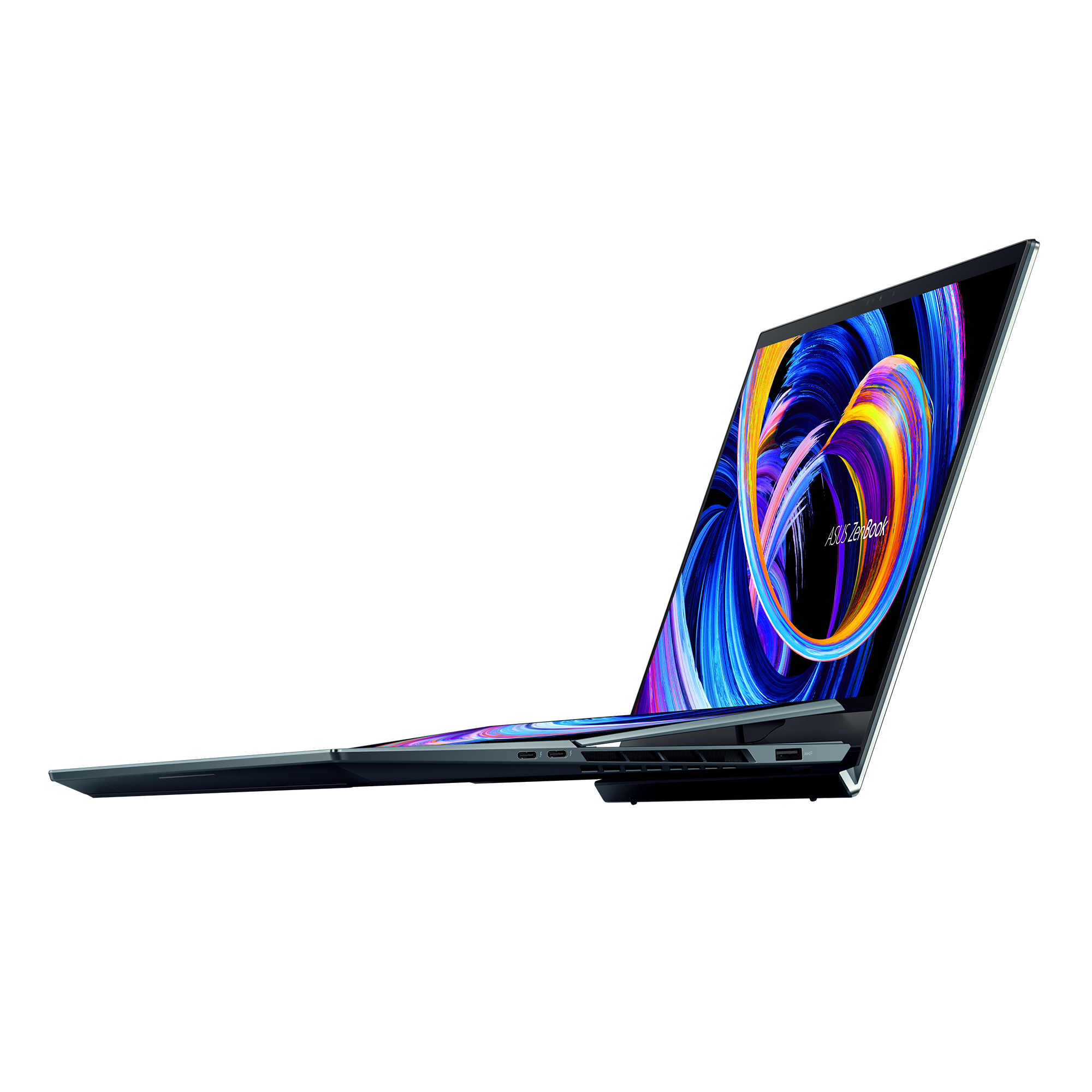 Portátil ASUS Zenbook, abierto, sobre fondo blanco, mostrando pantalla colorida.