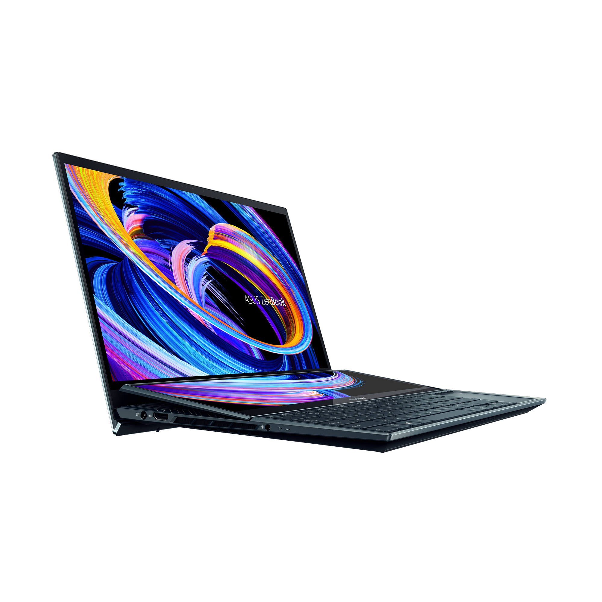 Portátil ASUS Zenbook azul oscuro, parcialmente abierto, fondo blanco.