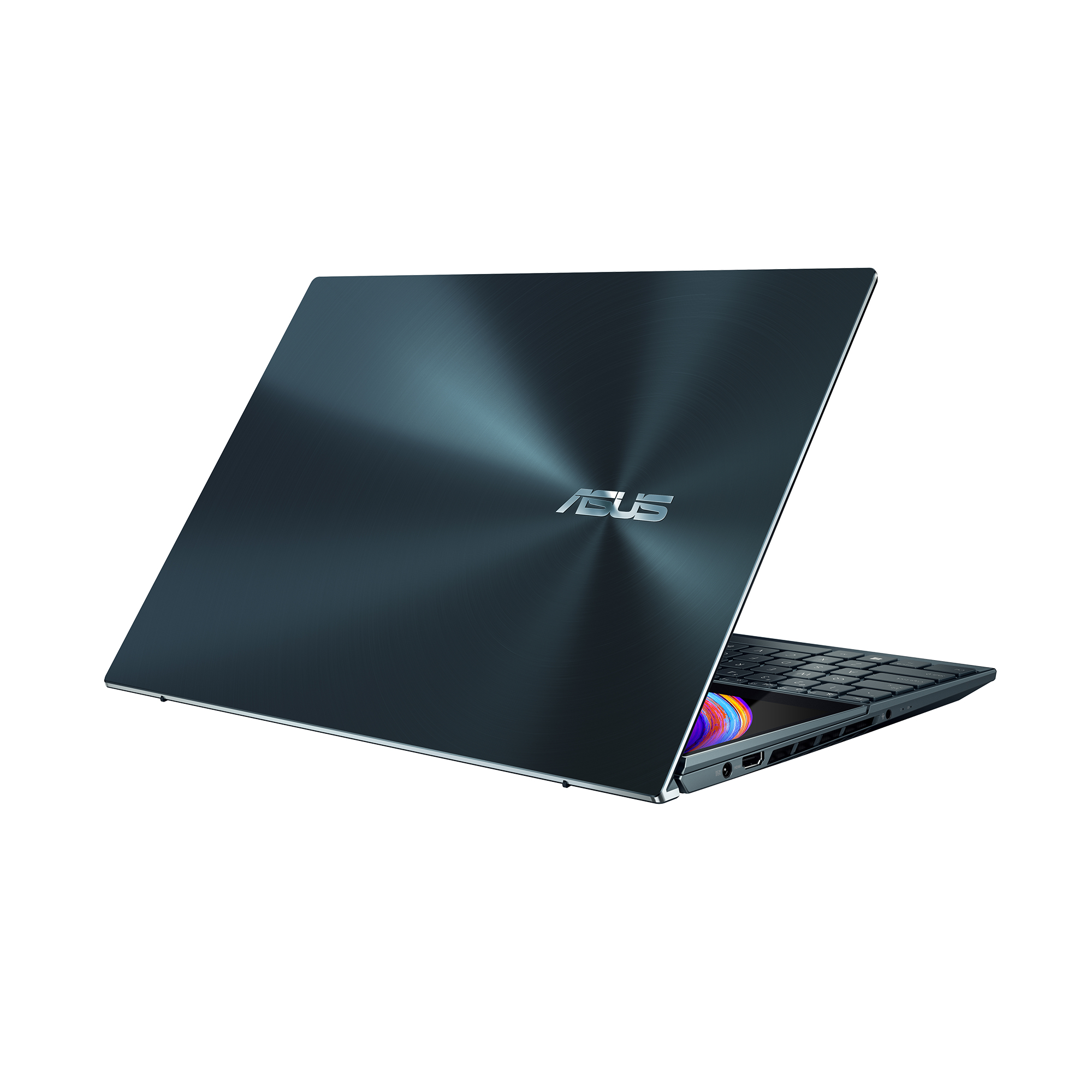 Portátil azul oscuro abierto. El logo ASUS está en la tapa. Teclado y pantalla visibles.