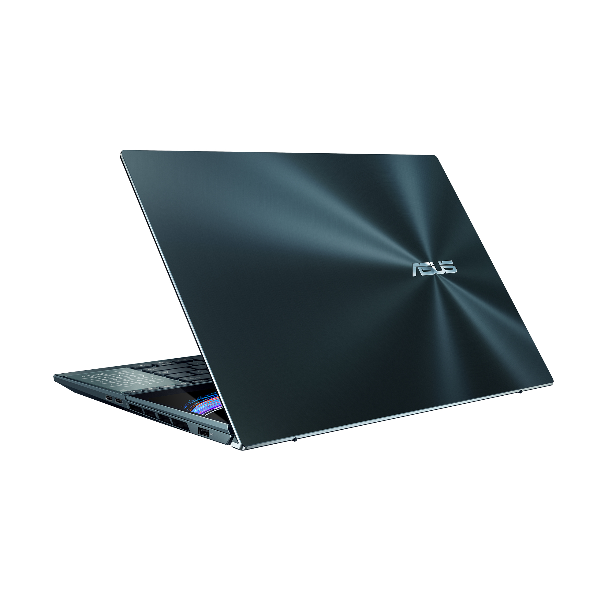 Un portátil gris oscuro, vista trasera, sobre fondo blanco. El logotipo de ASUS es visible.
