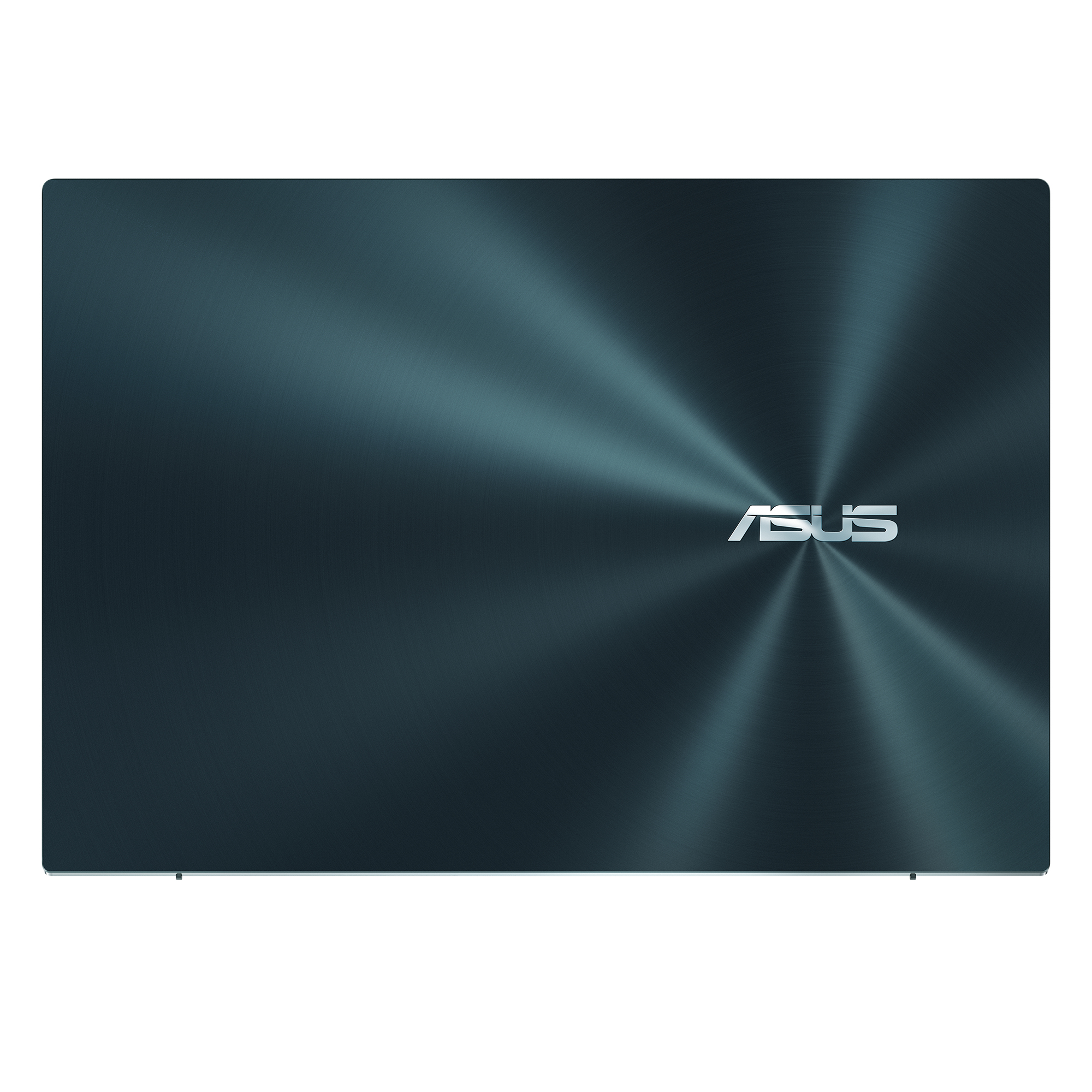 Portátil azul oscuro con el logotipo de ASUS en la parte trasera, reflejando la luz.