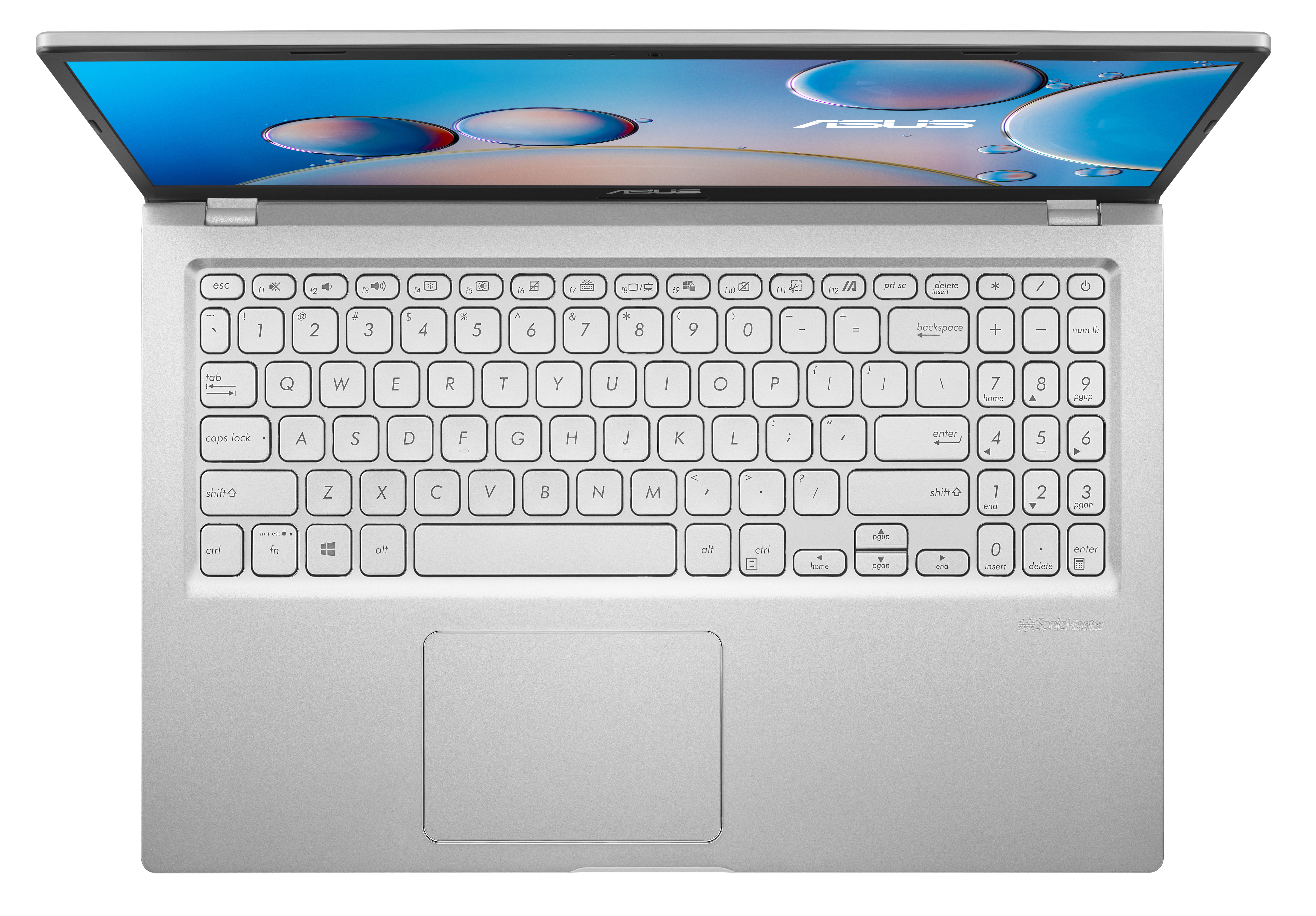 Portátil plateado abierto, teclado visible. Pantalla muestra fondo azul con burbujas.