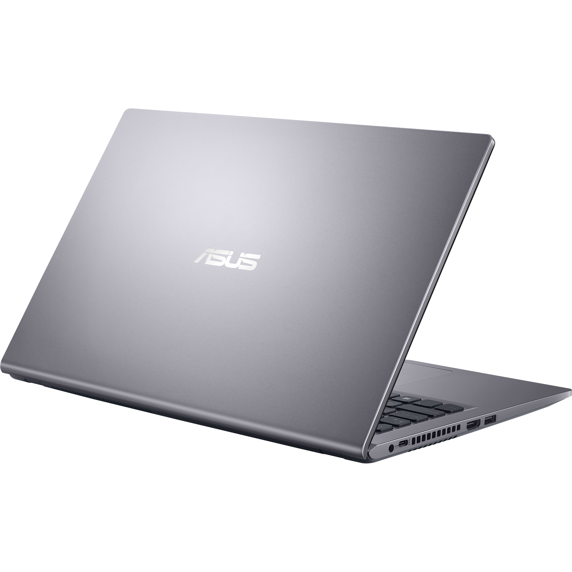 Portátil gris con el logotipo de ASUS sobre fondo blanco, vista trasera.