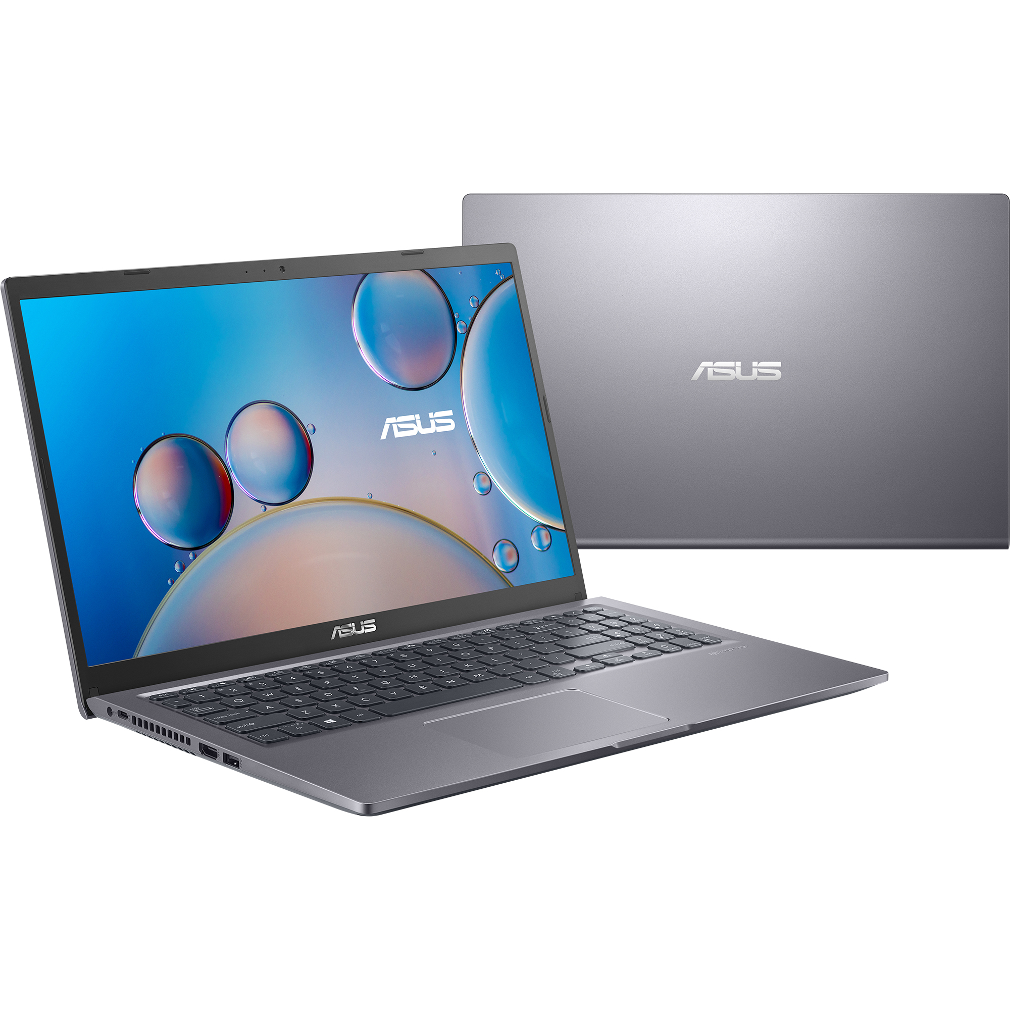 Ordenador portátil en dos vistas. La parte delantera muestra la pantalla. La parte trasera muestra el logotipo de ASUS.