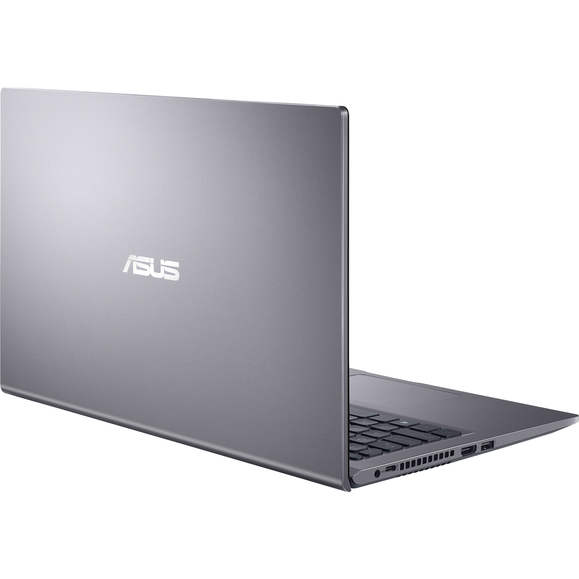Portátil plateado con el logo de ASUS, parcialmente abierto y angulado a la derecha.