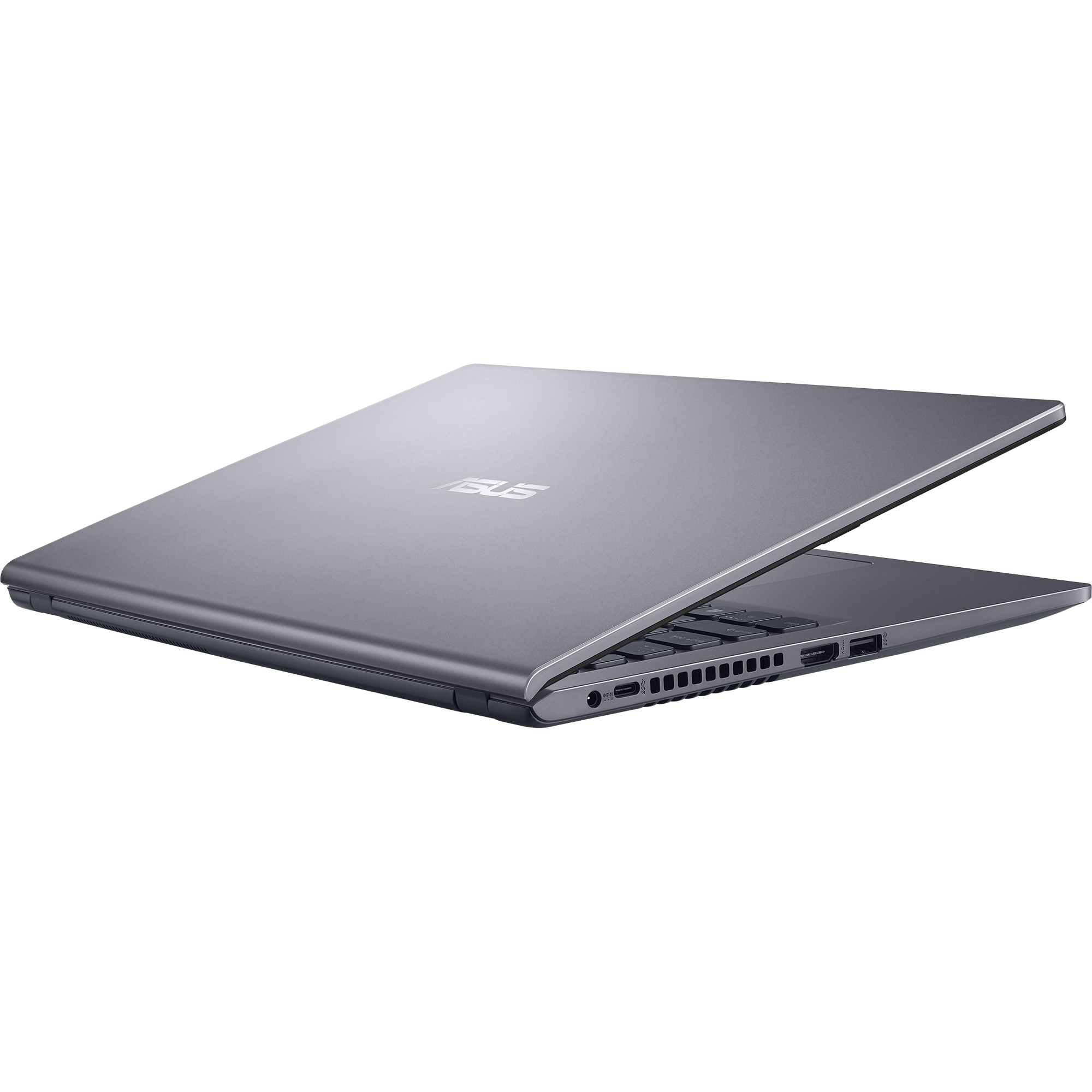 Ordenador portátil cerrado, plateado, logo ASUS, vista angular.