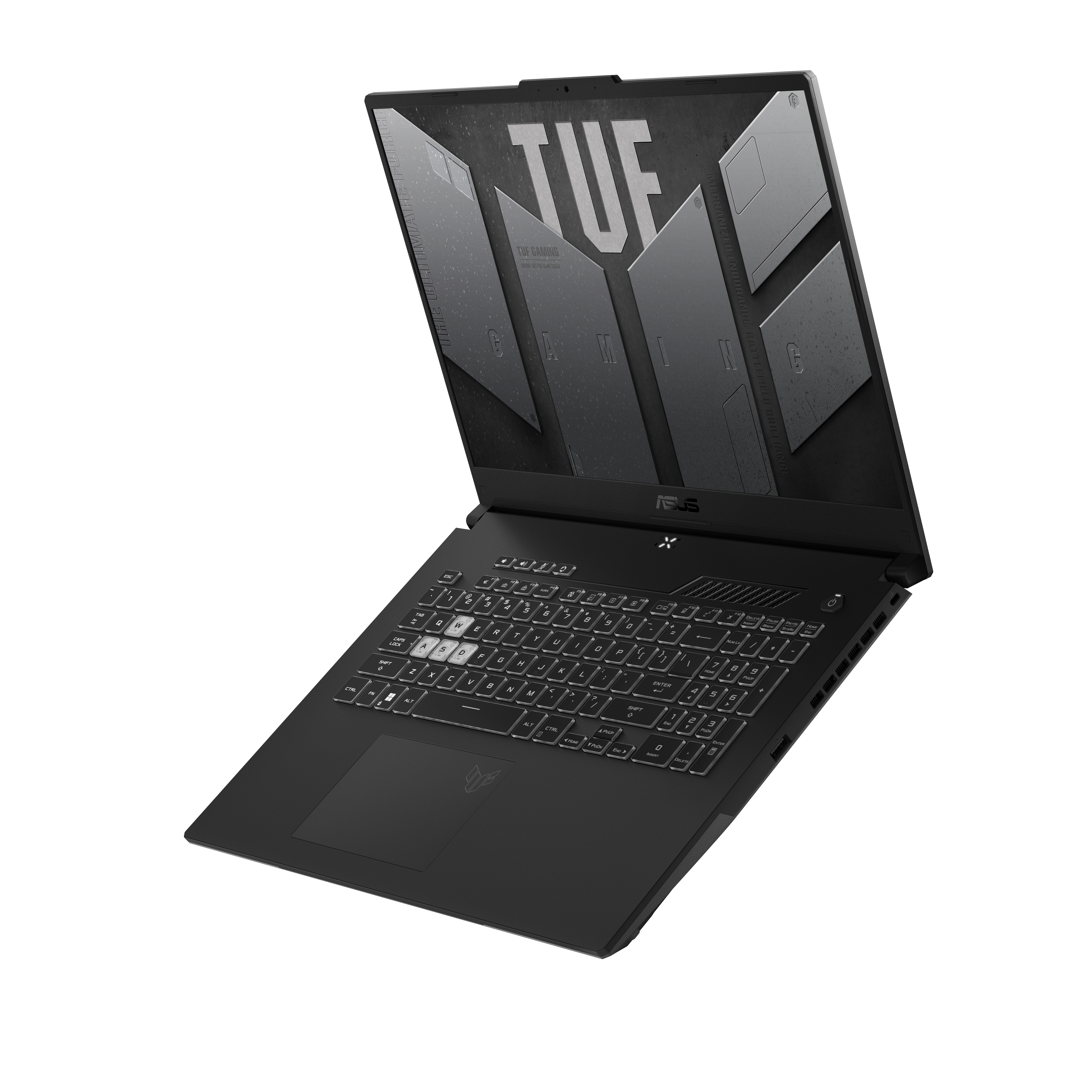 Ordenador portátil negro con pantalla abierta, teclado y la palabra TUF arriba.