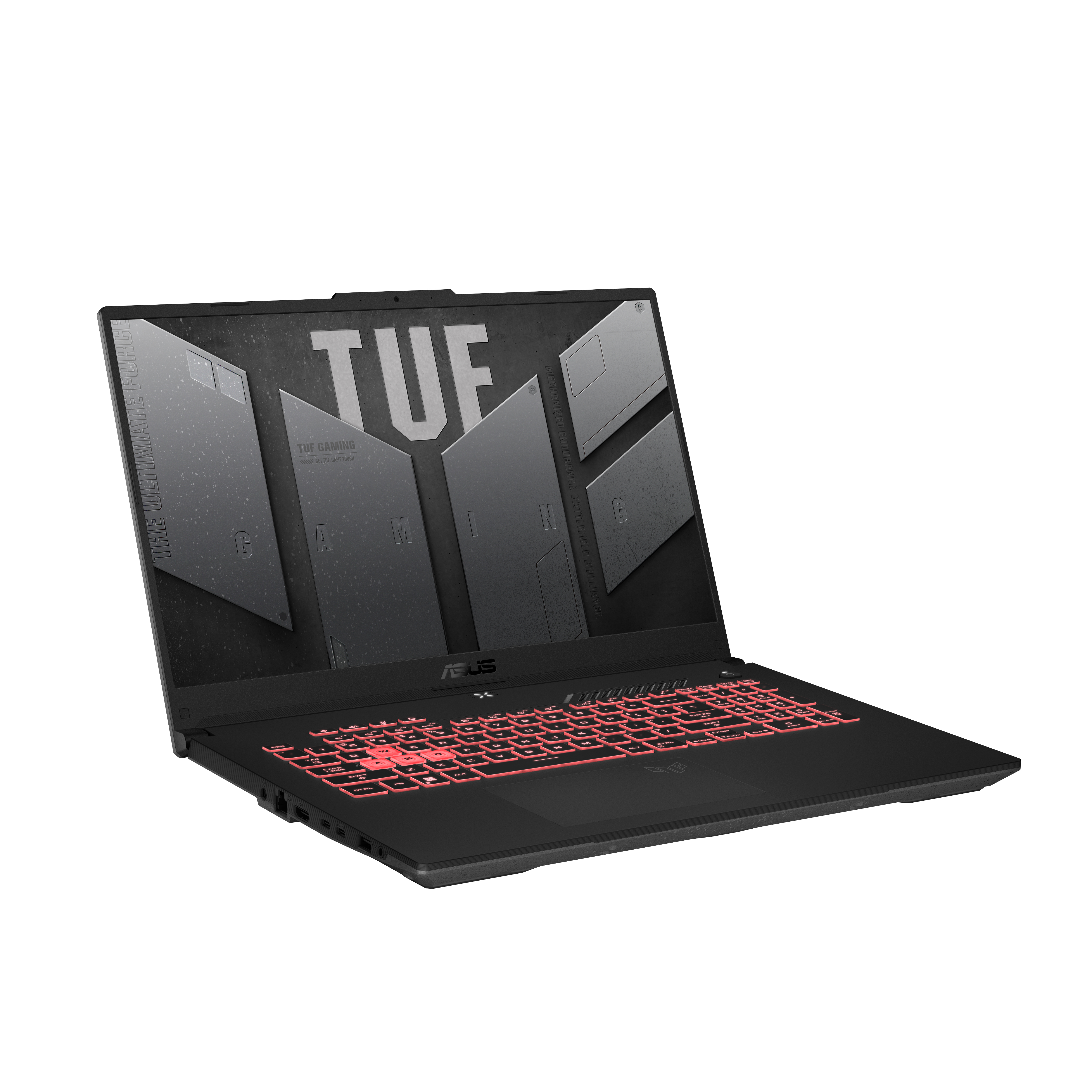 Portátil gaming Asus TUF. El teclado tiene retroiluminación roja y la pantalla está abierta.