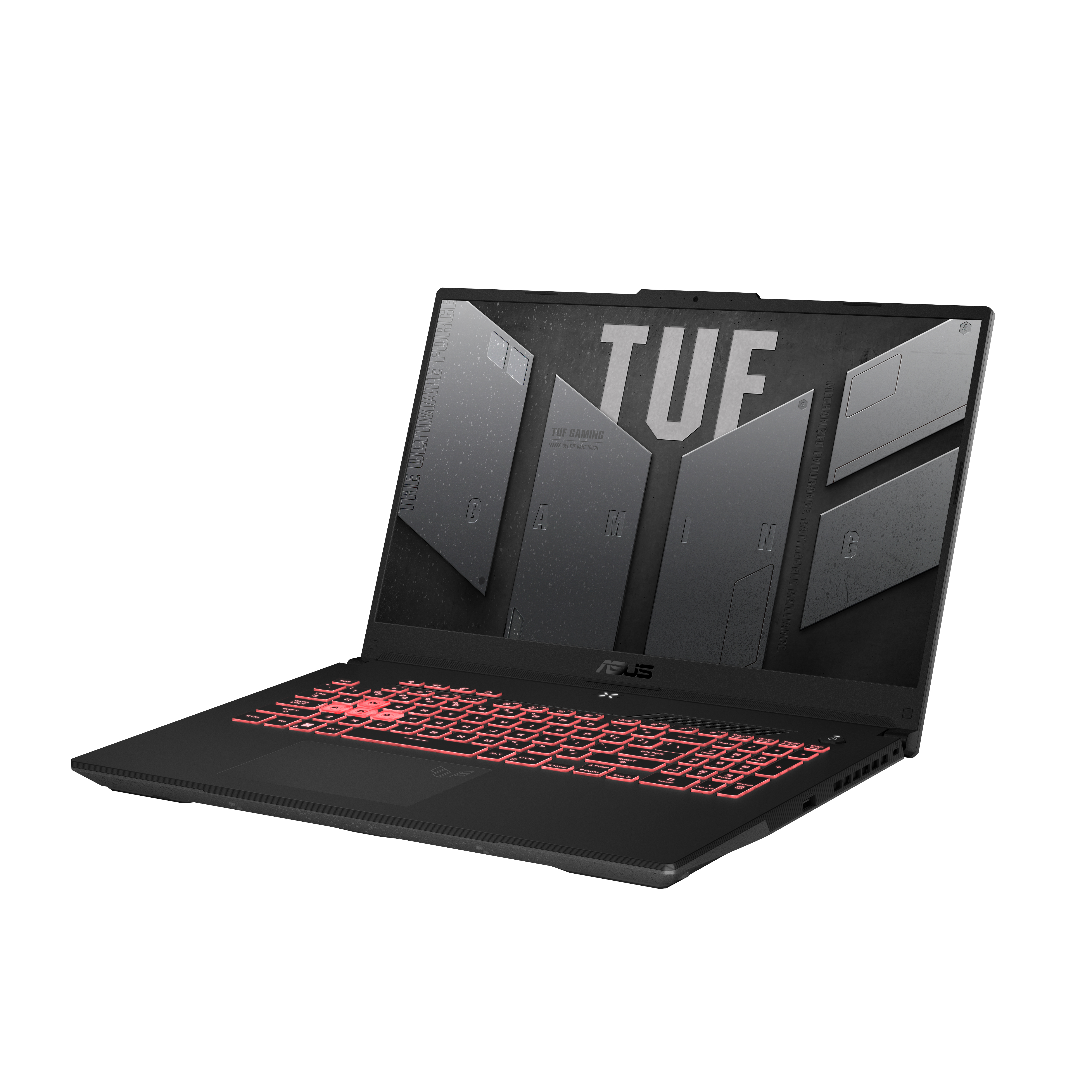 Portátil gaming negro con teclado retroiluminado rojo, abierto sobre fondo blanco, mostrando gráficos gaming.