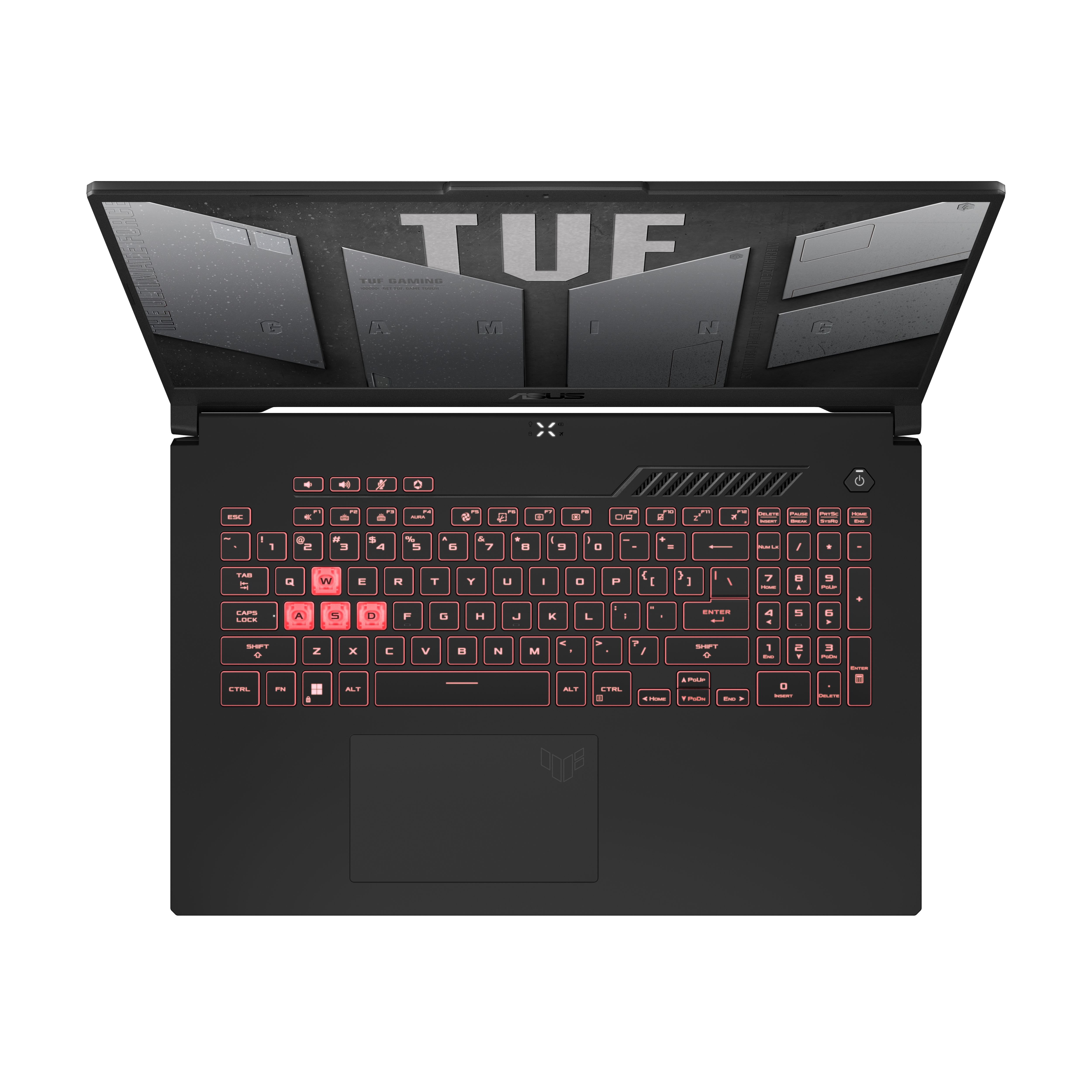 Teclado de portátil con teclas iluminadas en rojo y la palabra TUF en la parte superior.