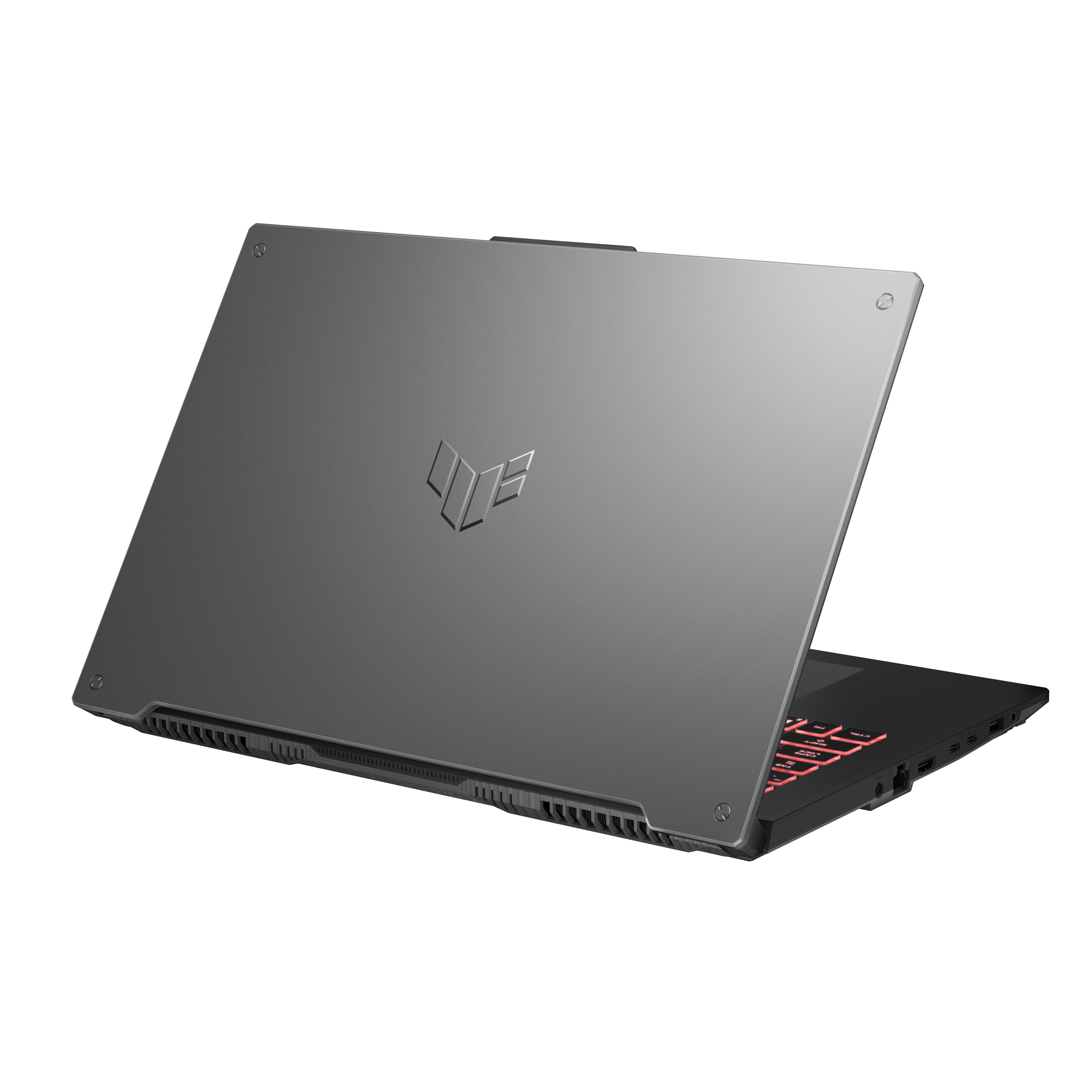 Un portátil gris con logo en la parte trasera y teclado retroiluminado en rojo, ligeramente abierto.