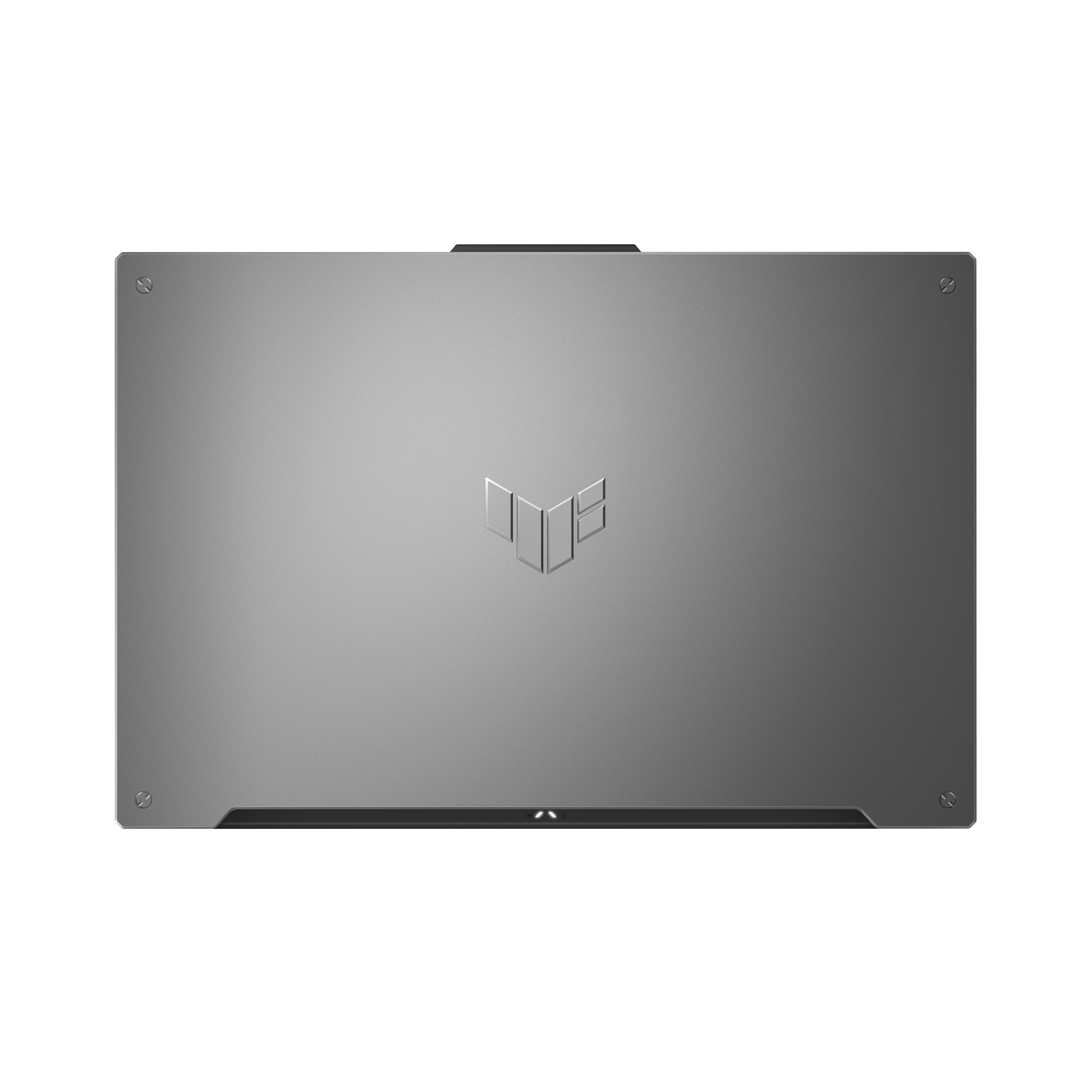 Un portátil plateado con el logotipo TUF en la cubierta superior.