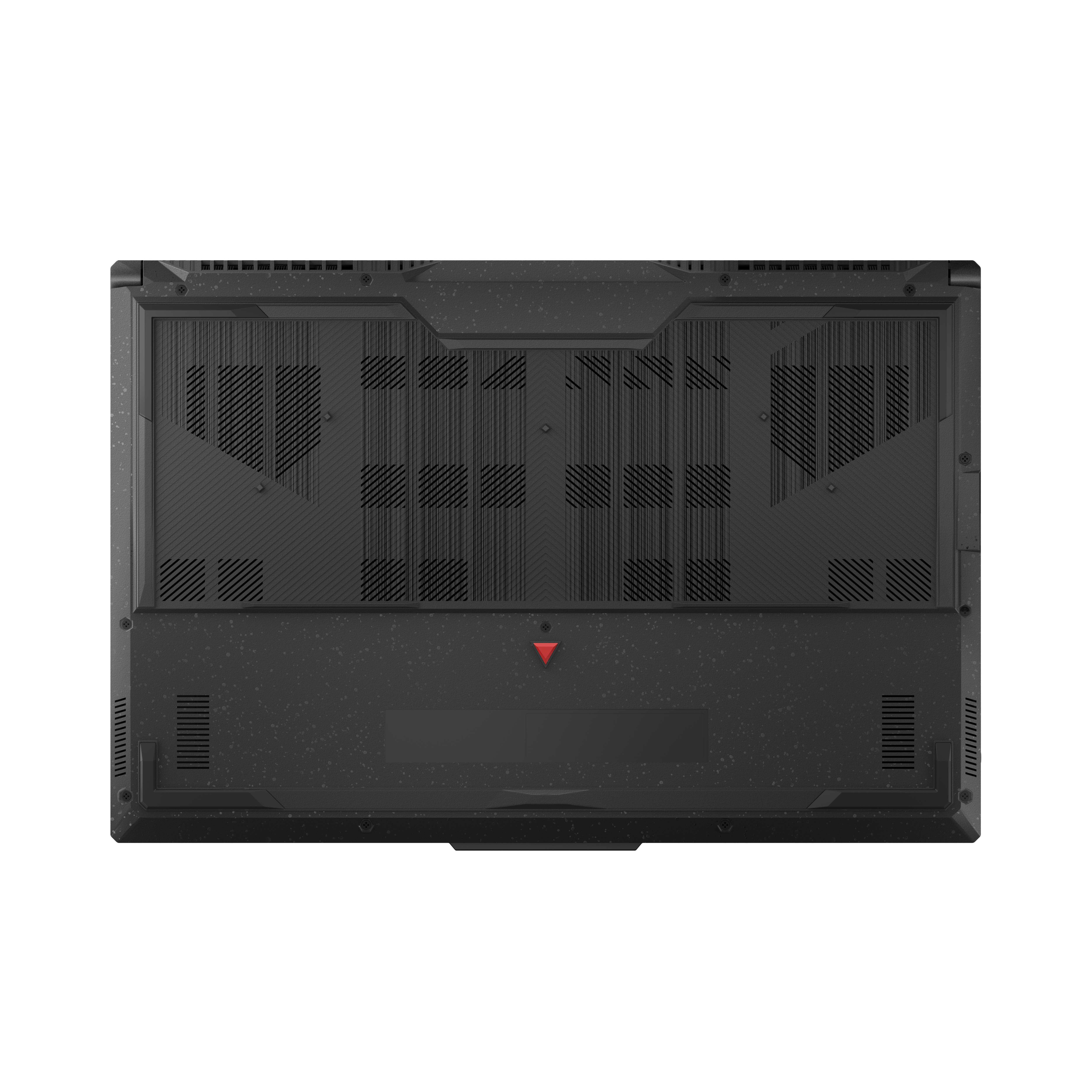 Base de portátil con ventilaciones y logotipo rojo, vista en ángulo.