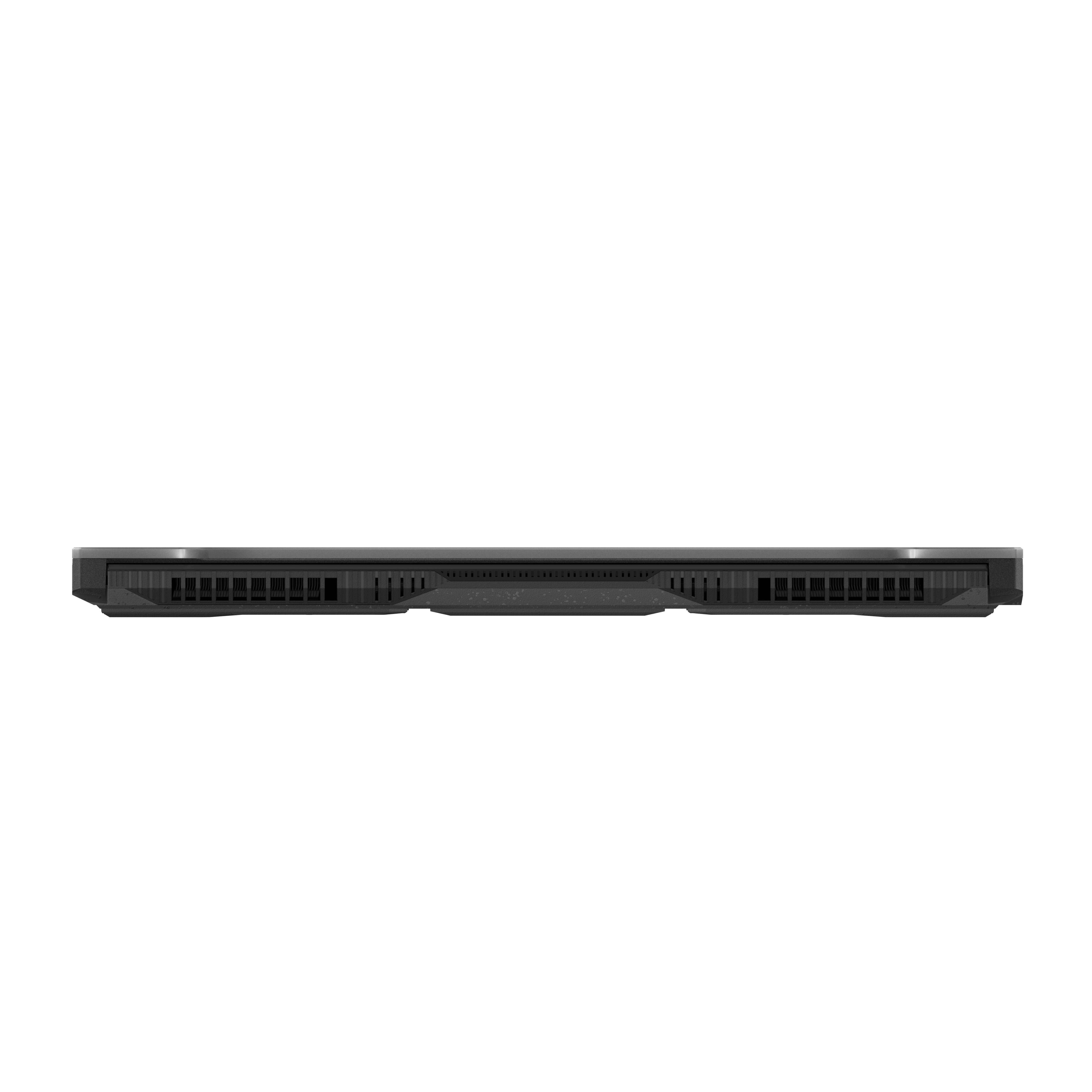 La parte inferior de una computadora portátil negra. Tiene ranuras de ventilación en el borde trasero.