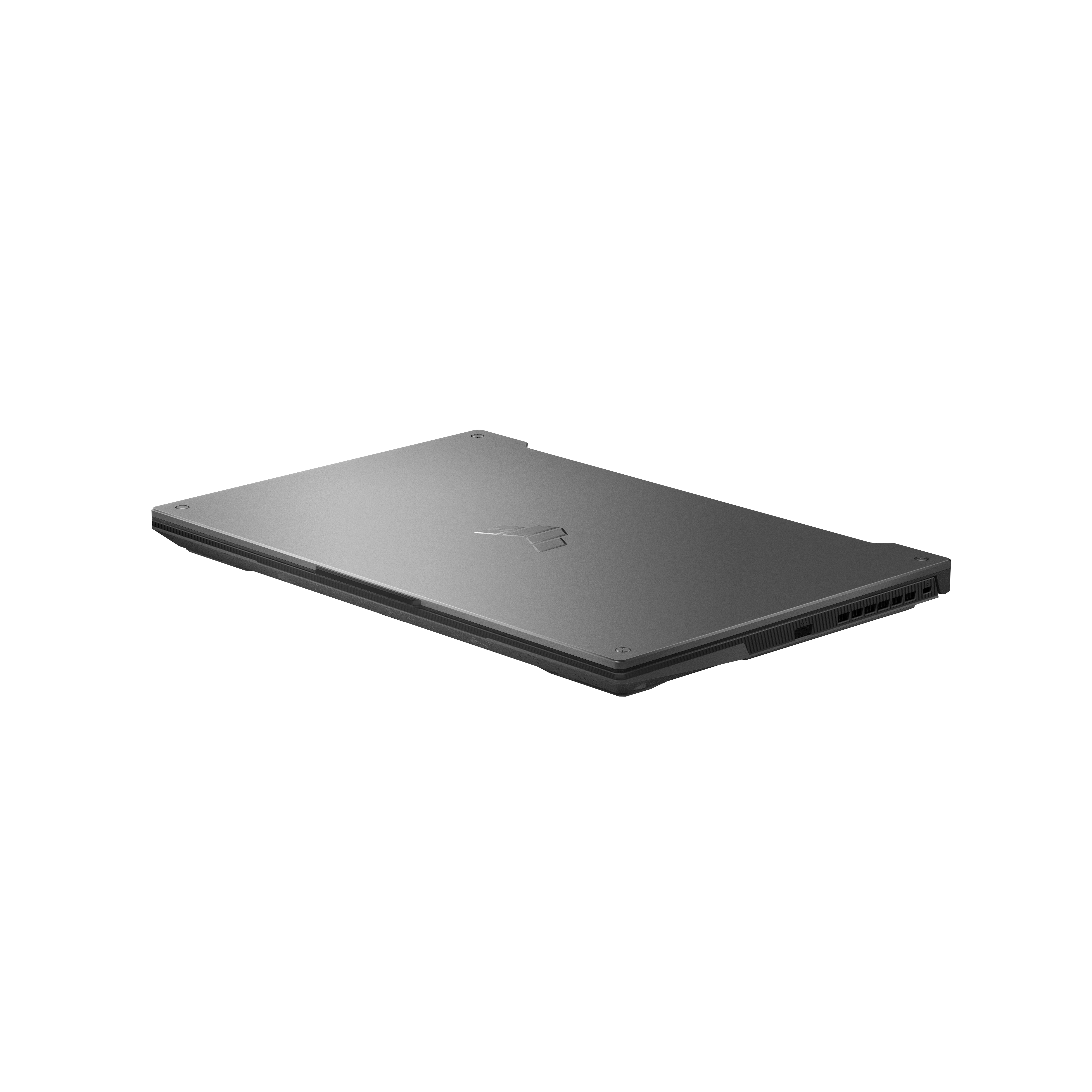Portátil gris oscuro, cerrado sobre una superficie blanca. El logo ASUS TUF Gaming visible.