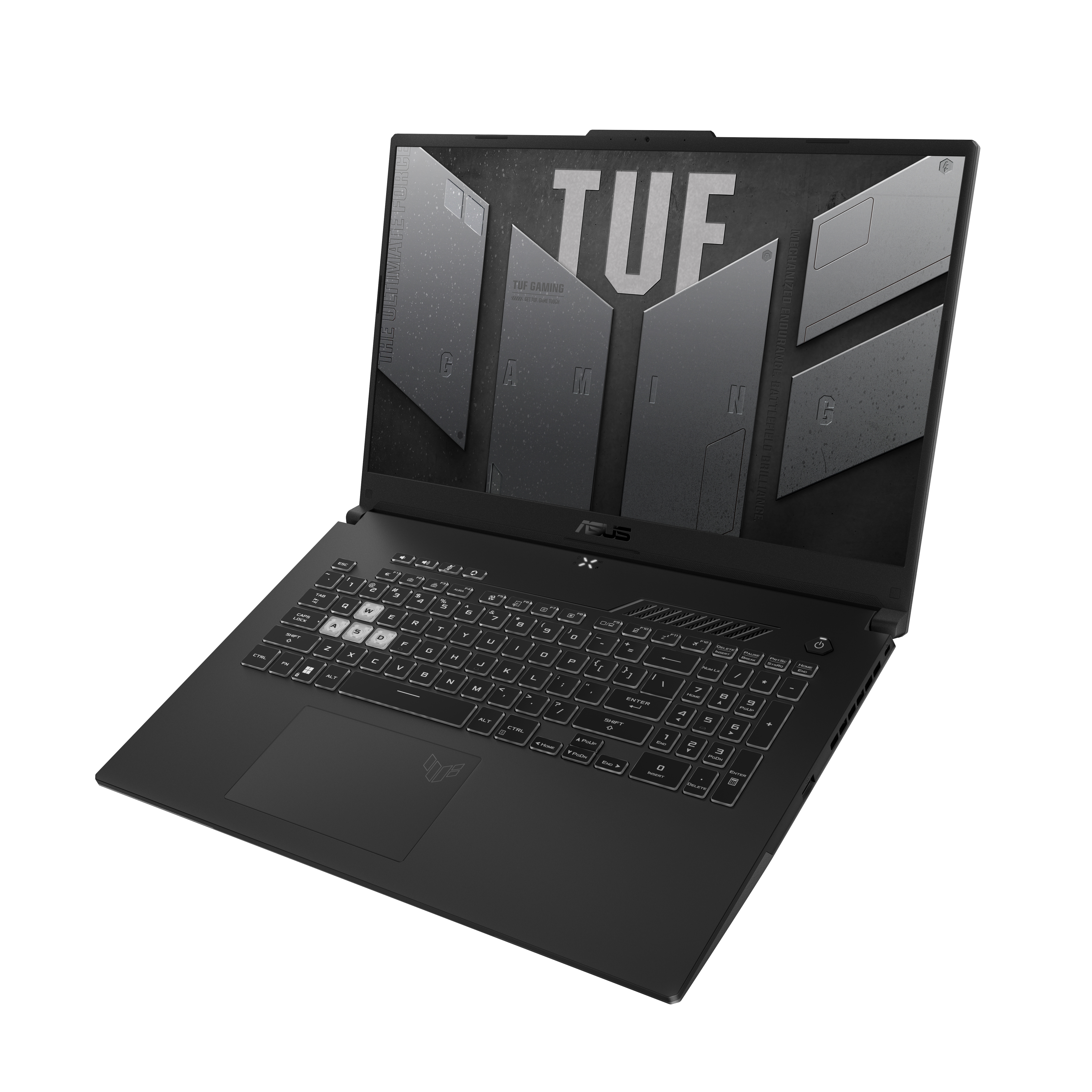 Ordenador portátil negro abierto. Teclado visible, pantalla muestra el logo TUF. Fondo blanco.