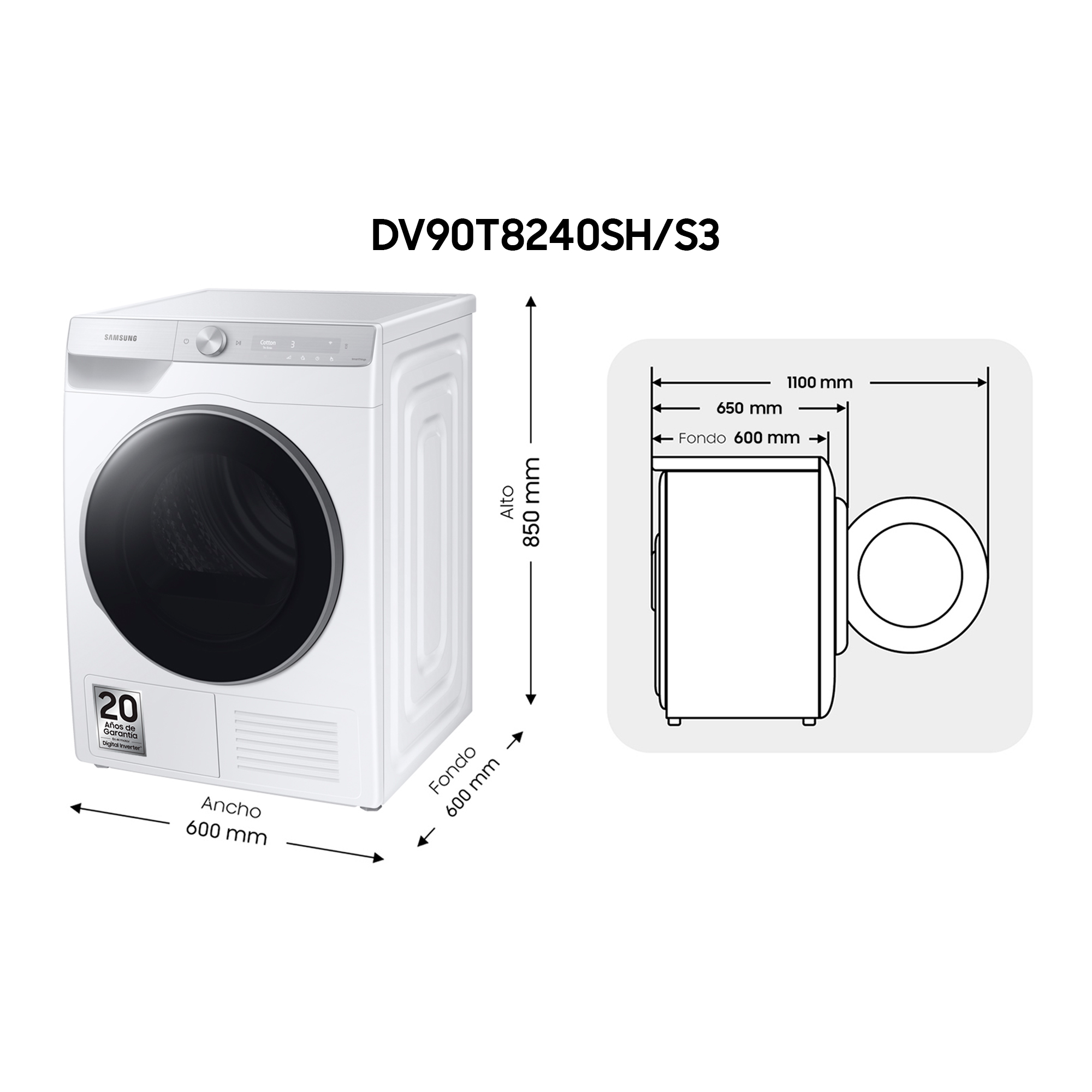 Secadora Samsung blanca con medidas y diagrama. Las dimensiones se muestran en mm.
