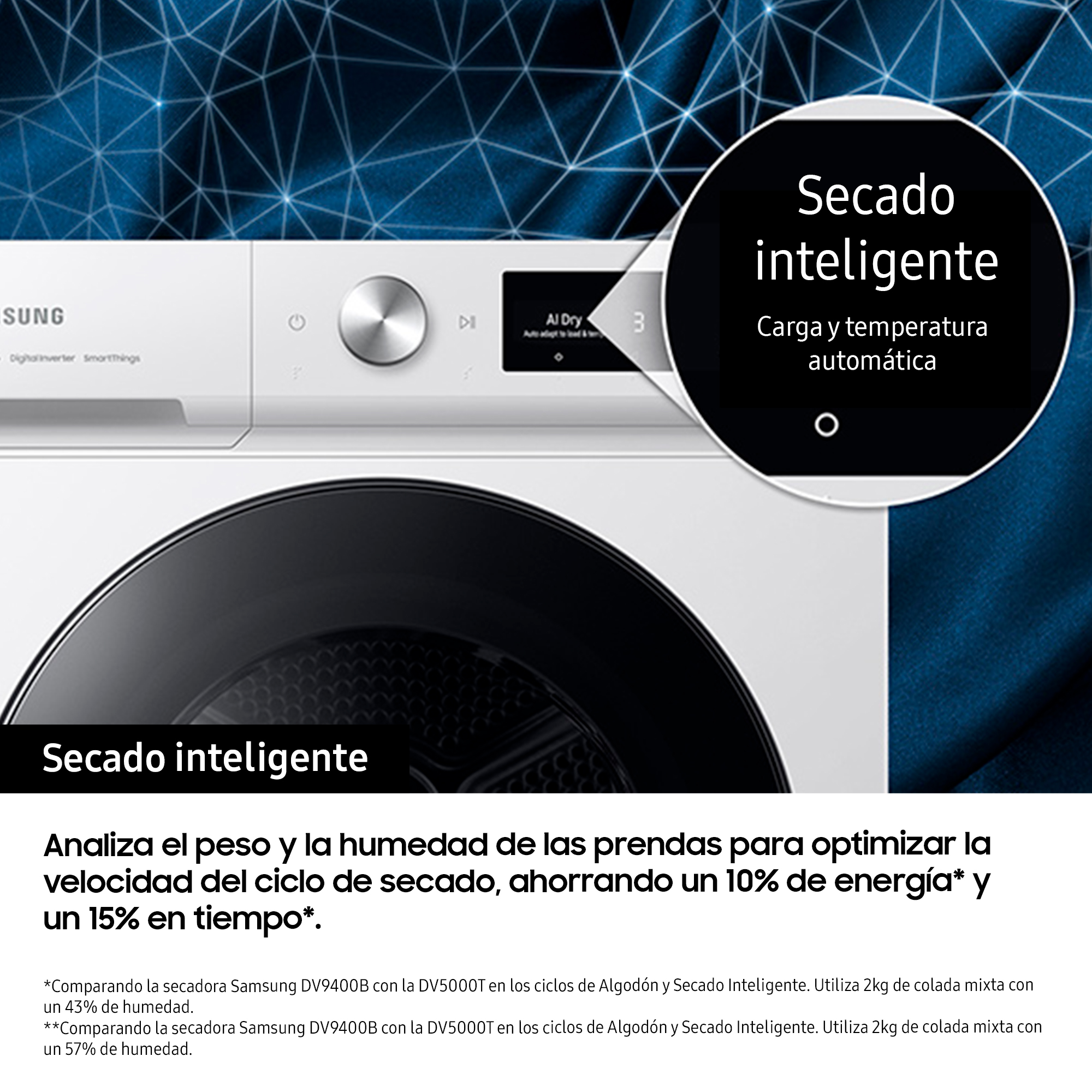Una secadora Samsung blanca con una pantalla que muestra 'Secado Inteligente', con detalles del producto debajo.