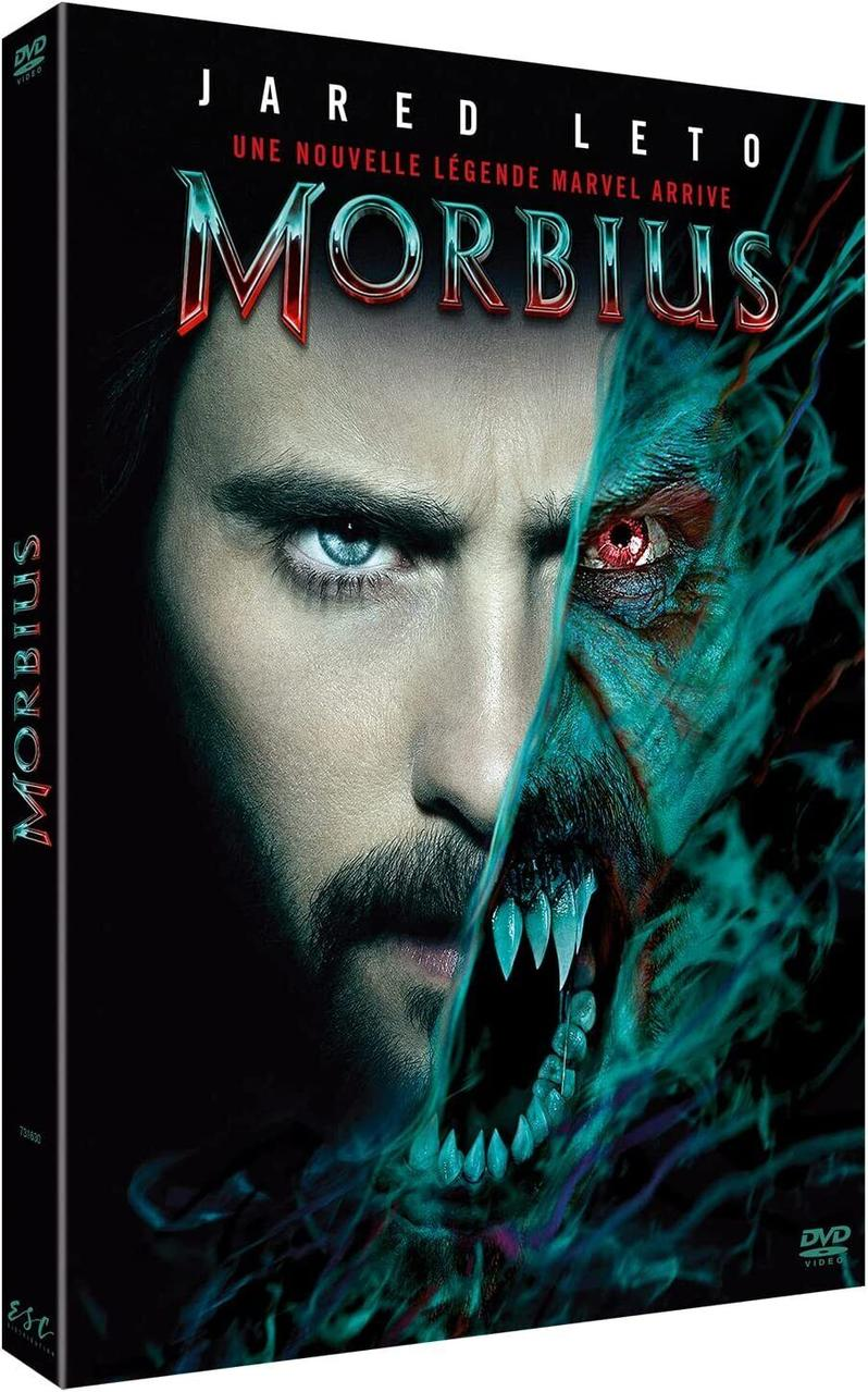 Jaquette du DVD du film 'Morbius'. Montre le visage de Jared Leto transformé en vampire.