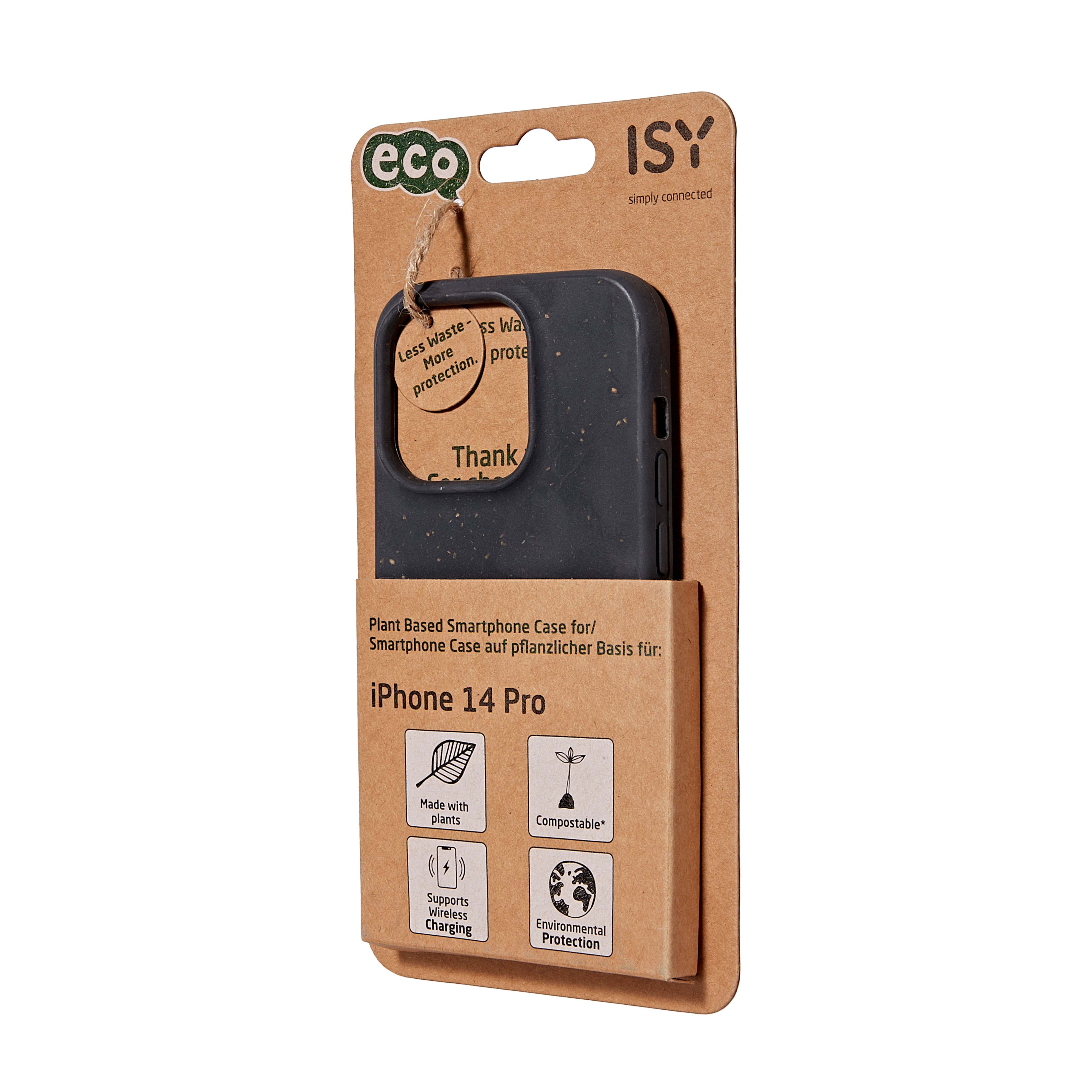 Handyhülle in Verpackung, dunkelgraue Hülle für iPhone 14 Pro, brauner Karton.