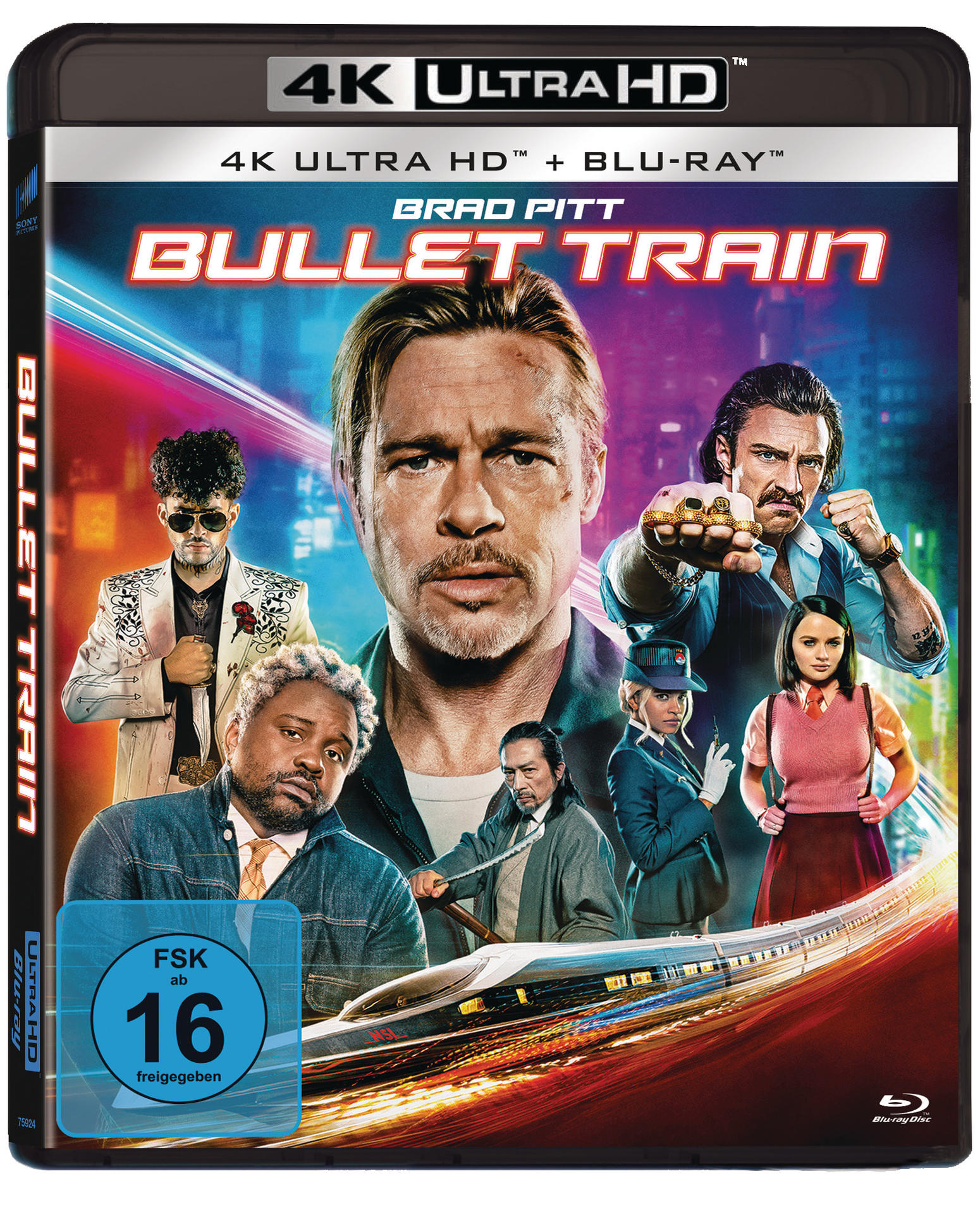 Filmcover für Bullet Train. Brad Pitt ist die zentrale Figur. Andere Schauspieler sind im Bild.