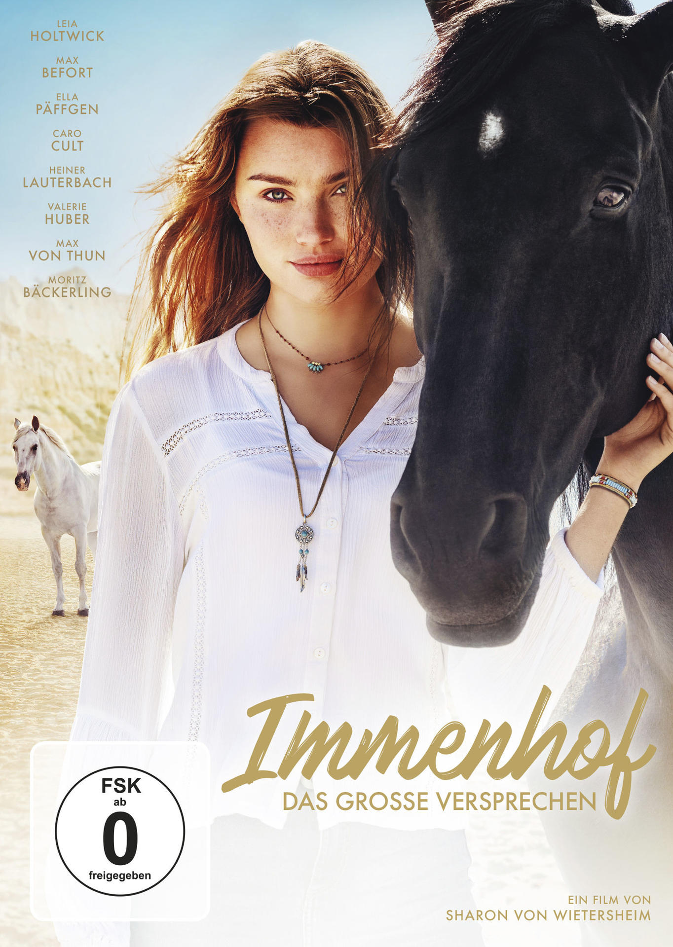 Filmposter mit einer Frau und einem schwarzen Pferd. Titel 'Immenhof'. Der Hintergrund ist ein Strand.